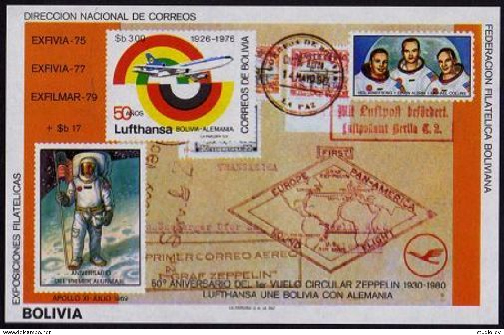 Bolivia 581b,MNH.Michel Bl.105.MNH. Zeppelin.Apollo 11,Astronauts.EXFIVIA,1980. - Bolivie