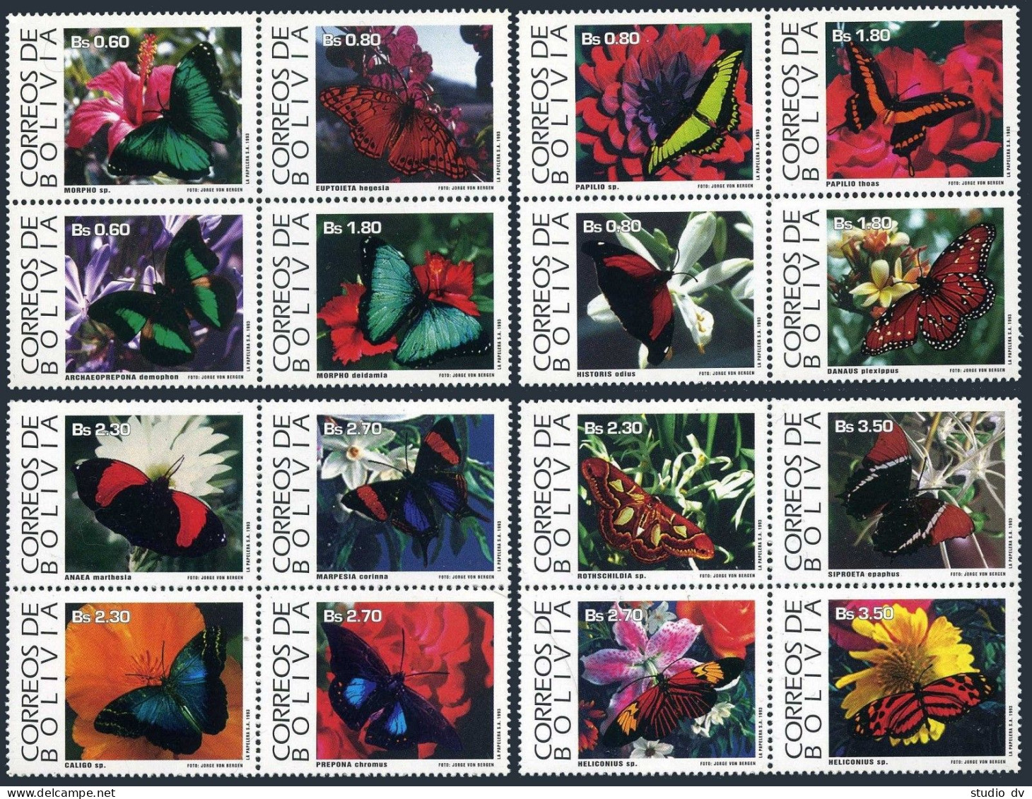 Bolivia 874-889 Blocks/4,MNH.Michel 1193-1208. Butterflies,flowers,1993. - Bolivia