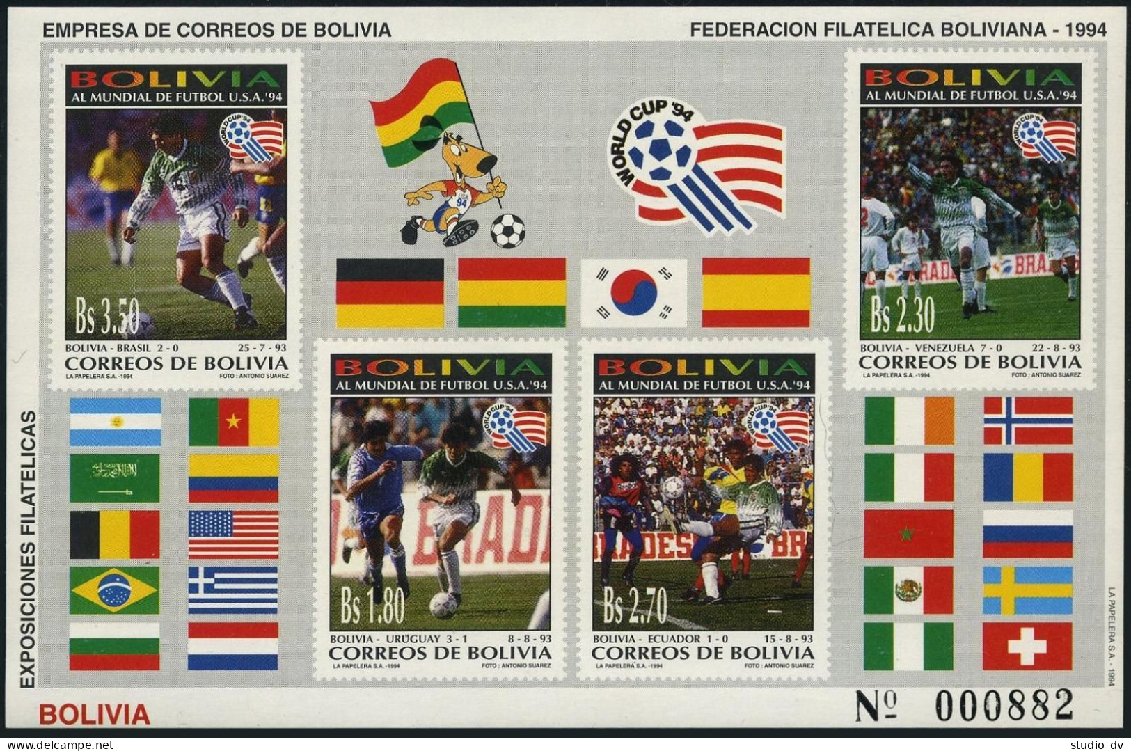 Bolivia 912a Sheet.Michel Bl.209. World Soccer Cup USA-1994. - Bolivie