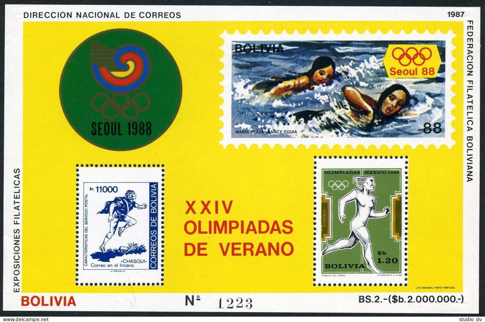 Bolivia 712b/C299b Michel Bl.166,MNH. Olympics Seoul-1988:Running,swimming. - Bolivie