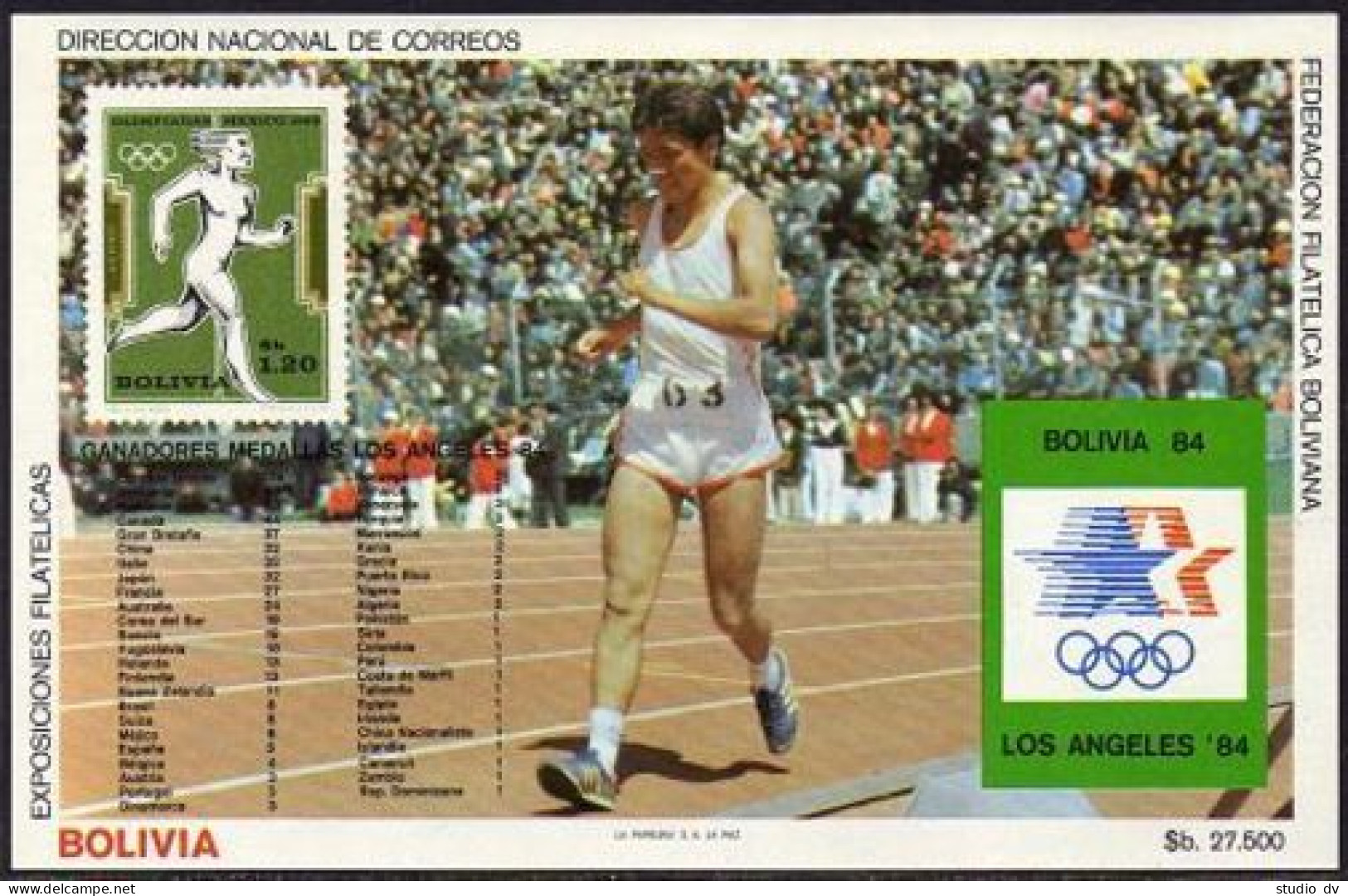 Bolivia C301 Note 3 Sheet. Mi Bl.143, MNH. Olympics Los Angeles-1984. Running. - Bolivien