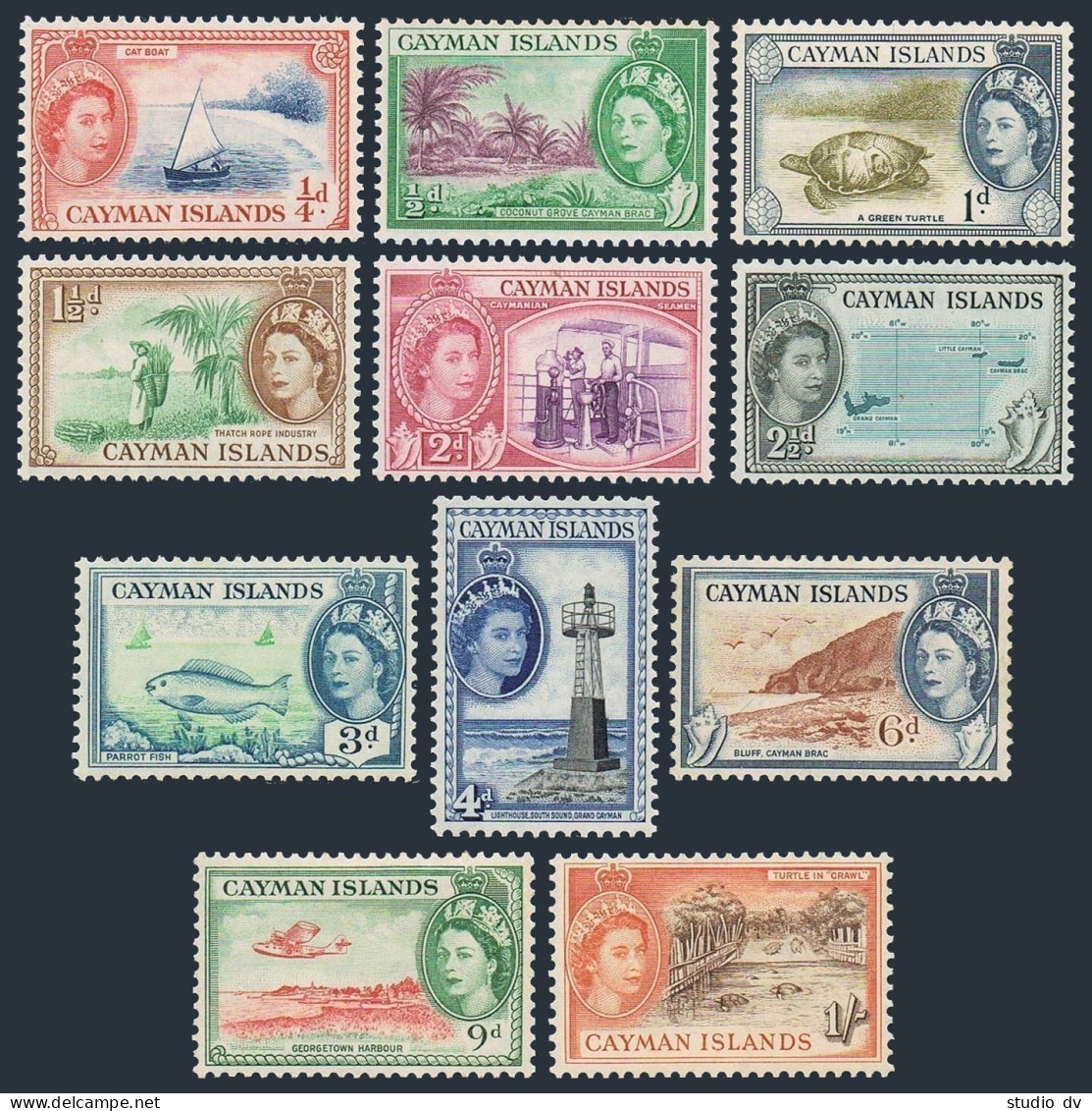 Cayman 135-145, MNH. Mi 136-146. QE II, 1953. Catboat, Coconut, Turtle, Seamen, - Kaimaninseln