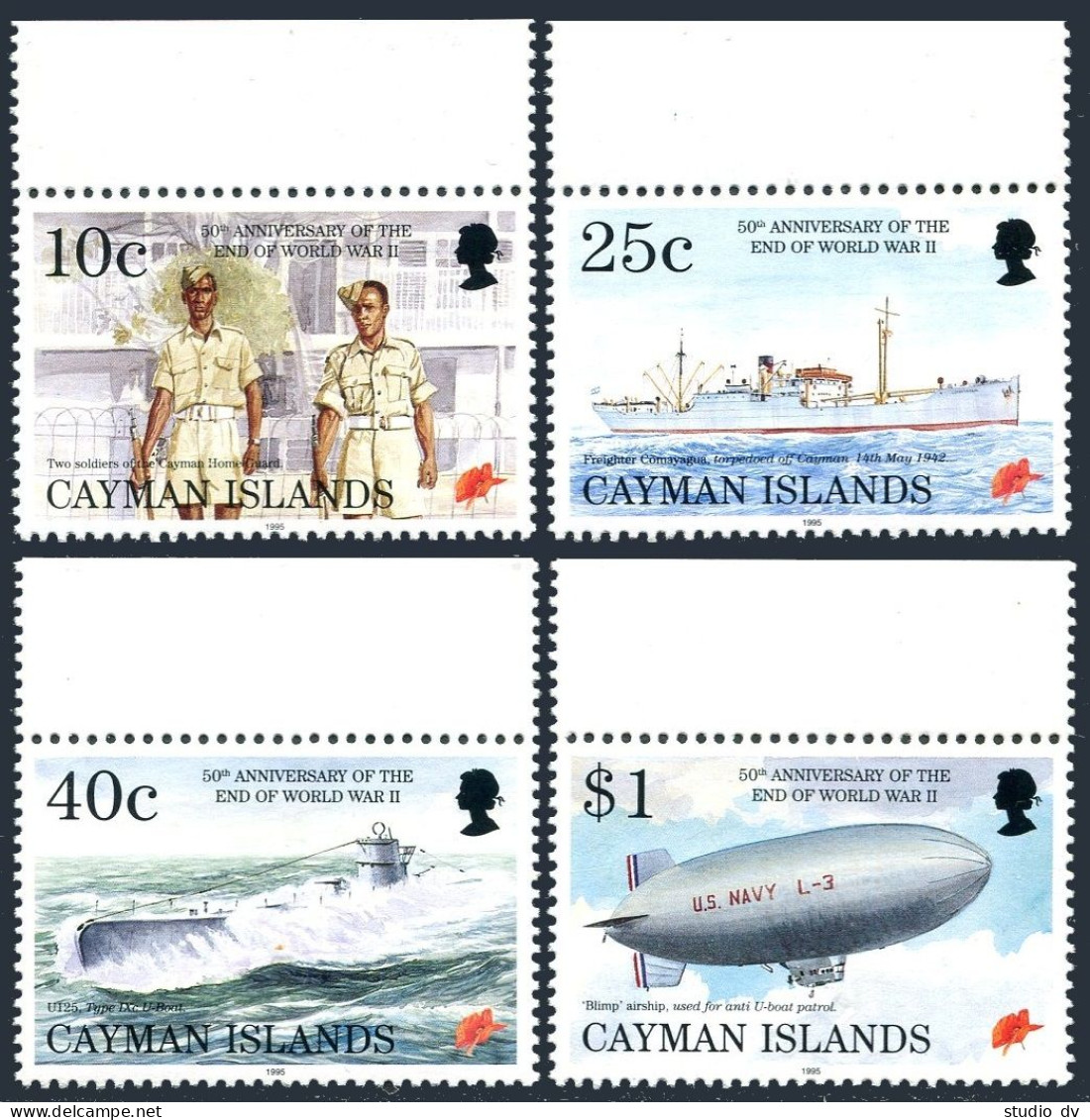 Cayman 704-708,MNH. End Of WW II-50,1995.Home Guard,Freighter,Submarine,Airship, - Iles Caïmans