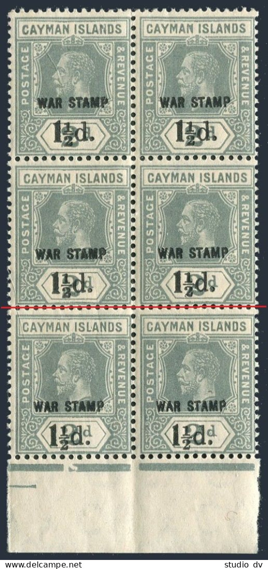 Cayman MR 7 Bottom Margin Block/6,MNH.Michel 50. War Tax Stamps 1919. - Iles Caïmans