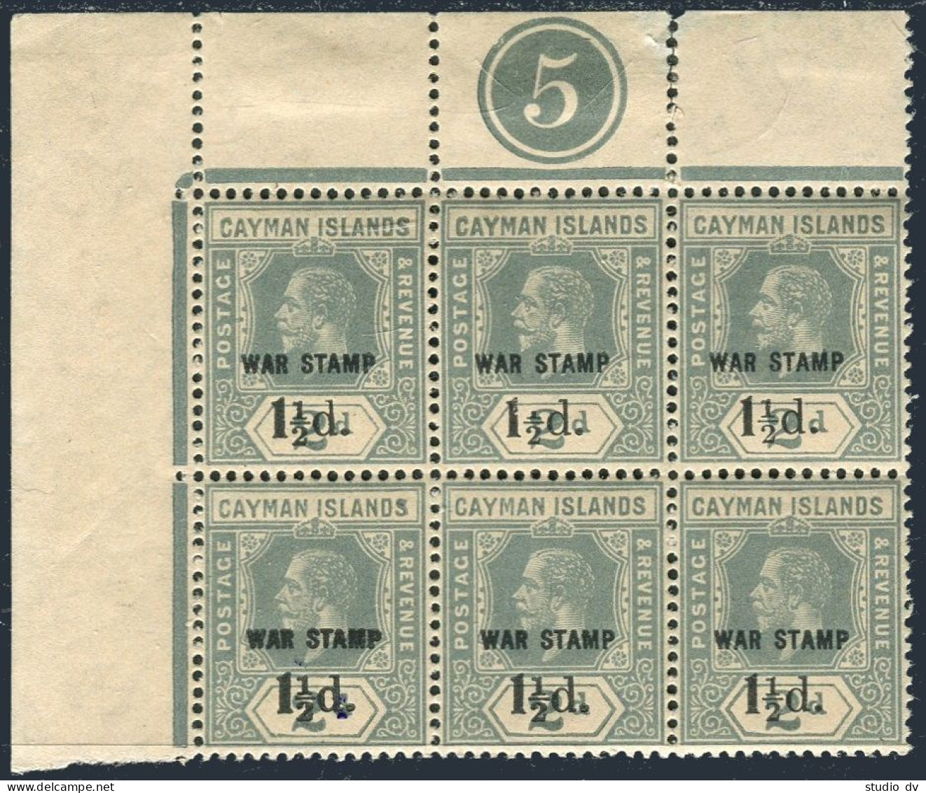 Cayman MR 7 Top-left Corner Margin Block/6,MNH.Michel 50. War Tax Stamps 1919. - Kaaiman Eilanden