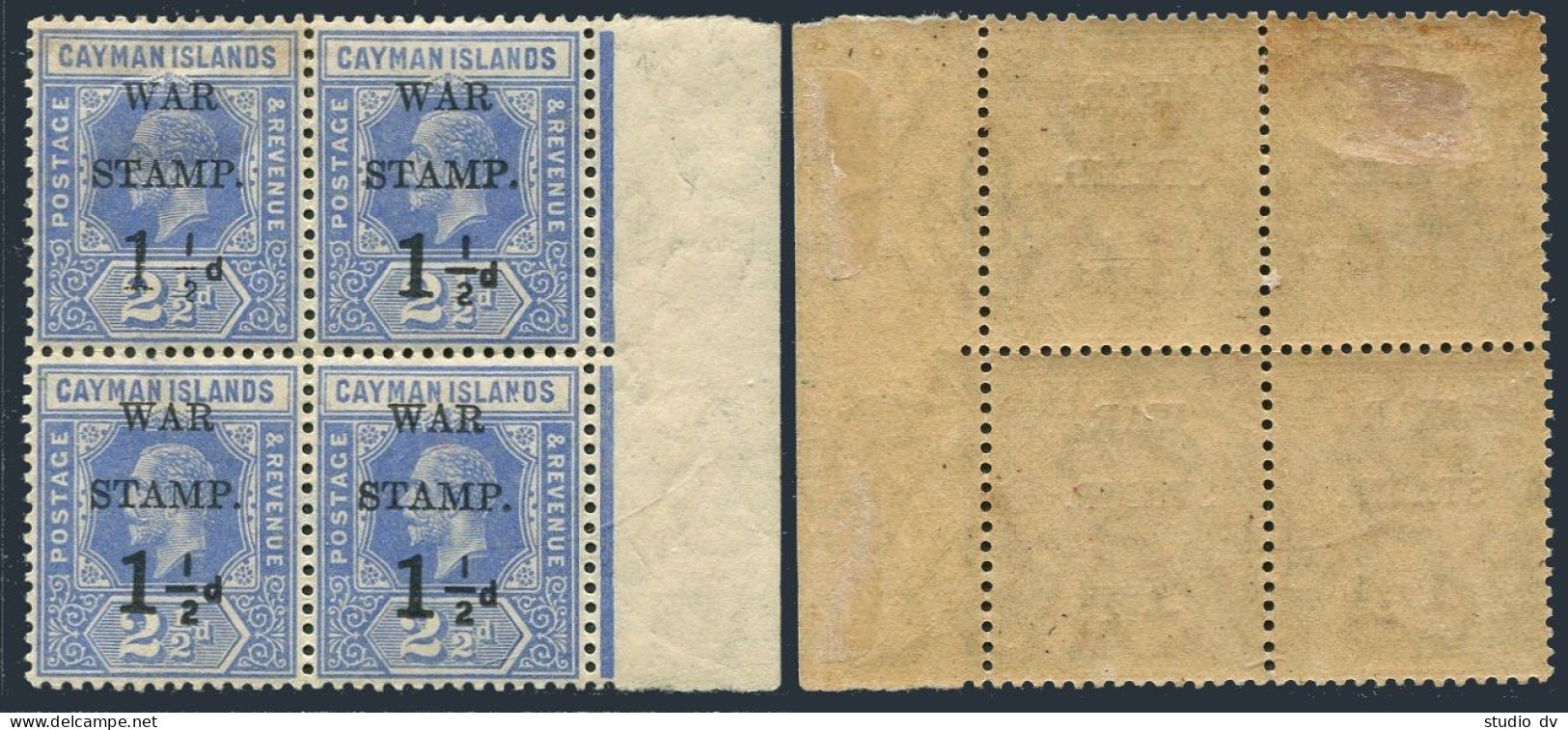 Cayman MR 2-MR2a Block/4,hinged.Michel 46-46-I. War Tax Stamps 1917. - Cayman (Isole)
