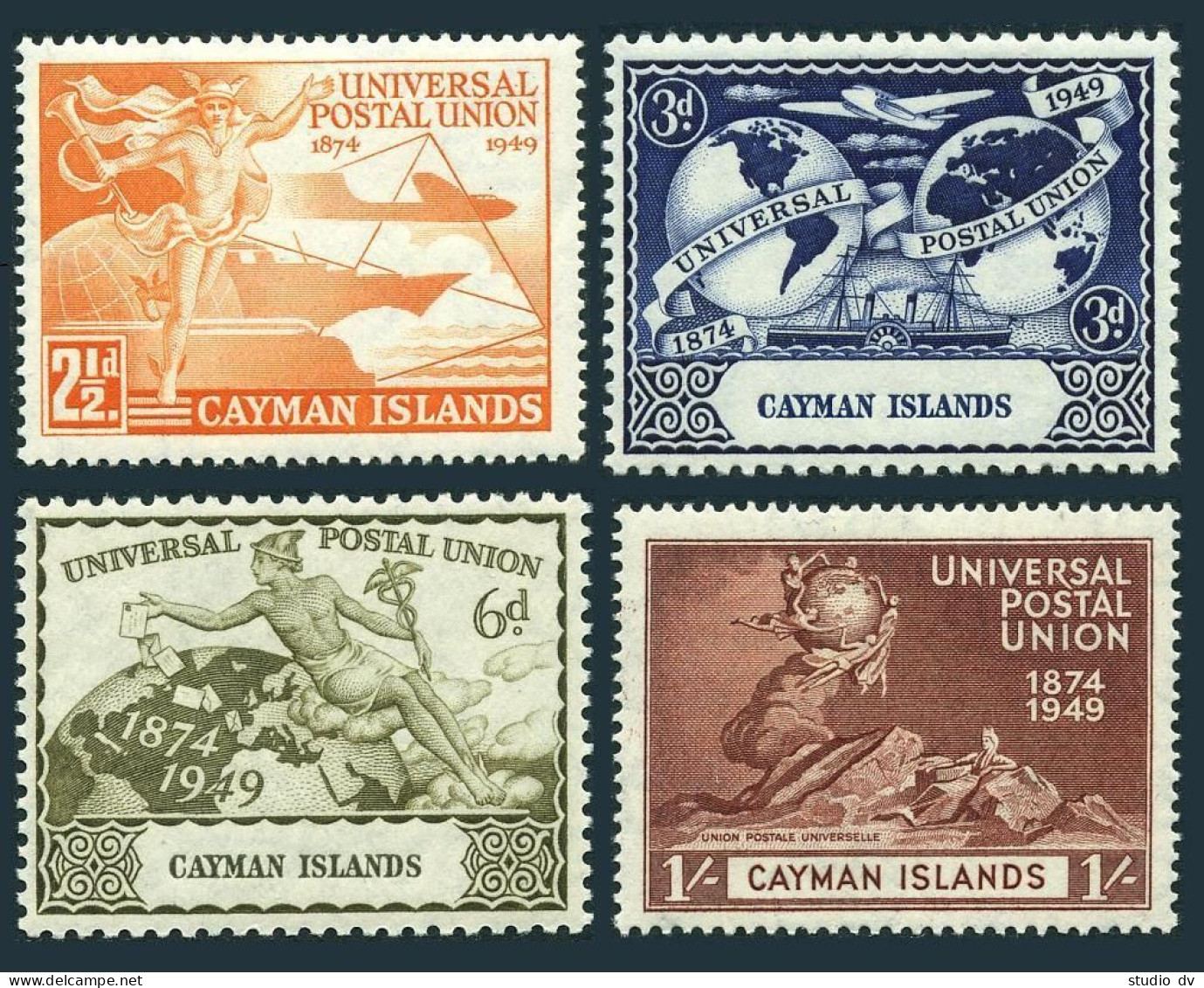 Cayman 118-121, Hinged. Mi 119-122. UPU-75, 1949. Mercury,Plane,Ship, Hemisphere - Cayman (Isole)