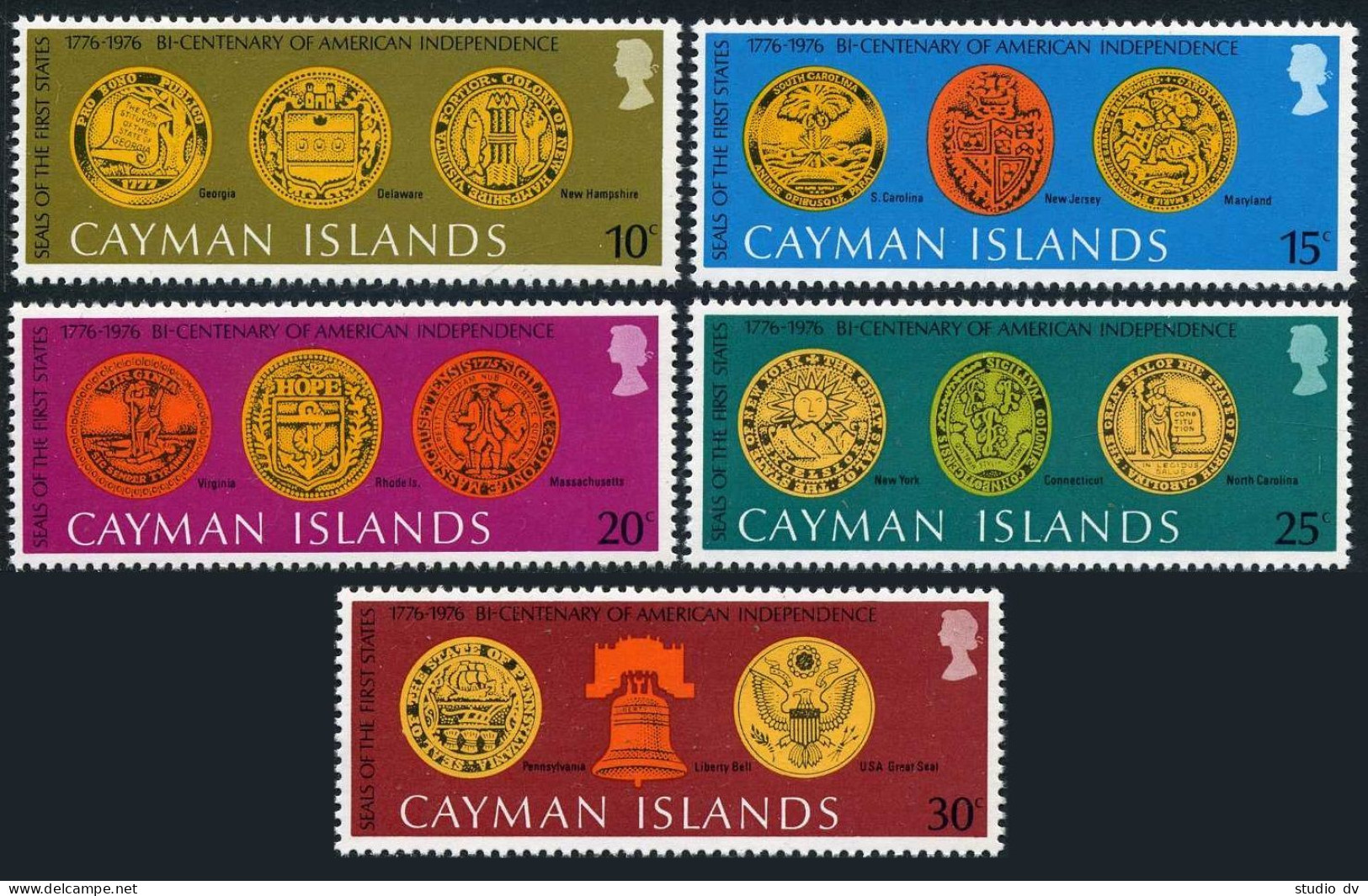 Cayman 372-376, MNH. Michel 368-372. USA-200, 1976: Seals, Liberty Bell, Turtle. - Kaaiman Eilanden