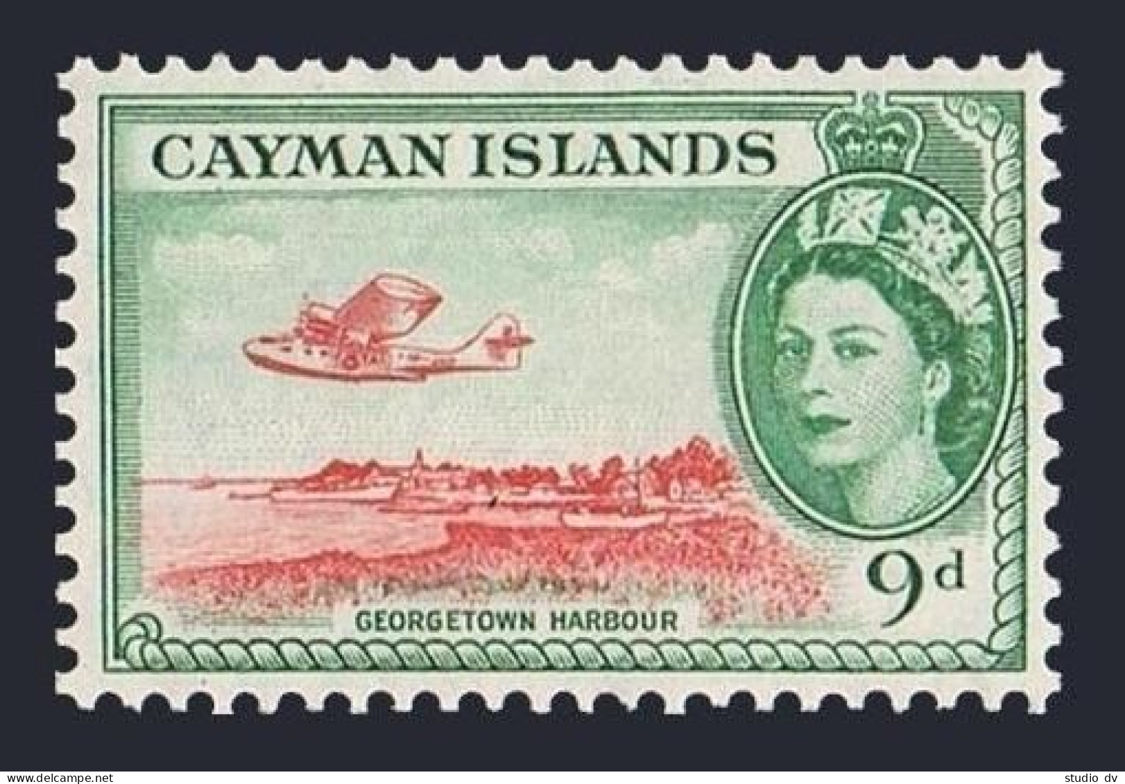 Cayman 144,MNH.Michel 145. QE II,1953.George Town Harbor.Plane. - Cayman Islands