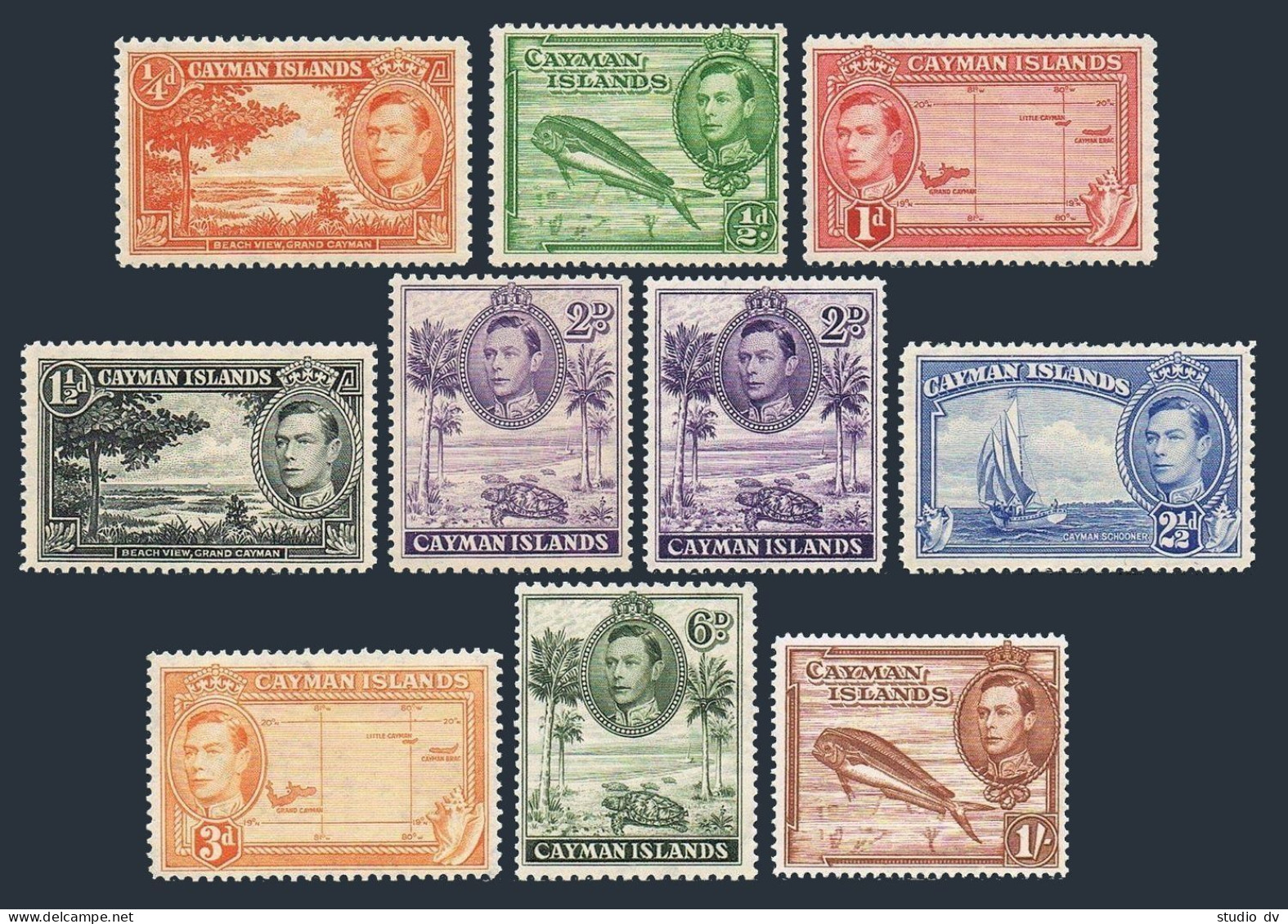 Cayman 100-108,104a,MNH. King George VI,1938.Beach,Dolphin,Map,Turtle,Schooner. - Kaaiman Eilanden