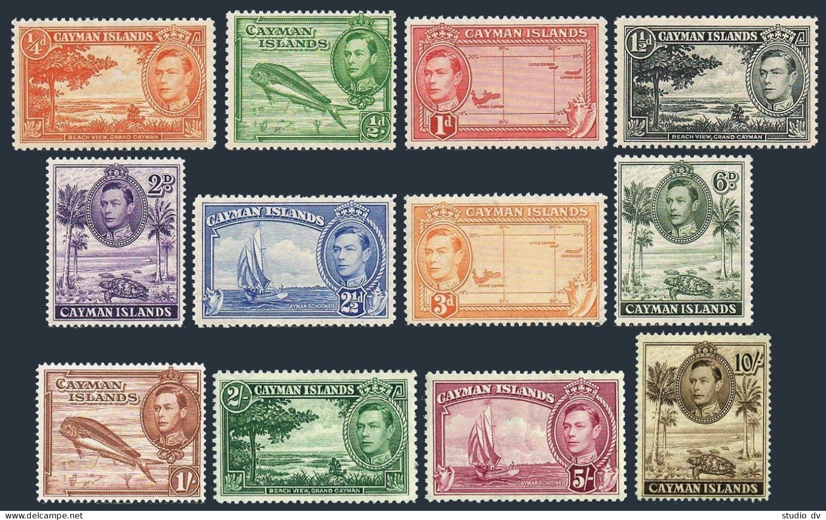 Cayman 100-111,lightly Hinged. King George VI,1938.Beach,Dolphin,Turtle,Schooner - Cayman Islands