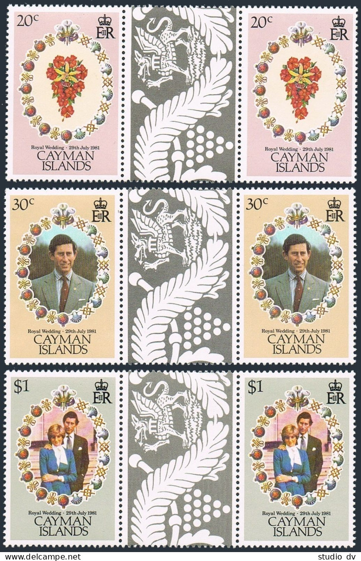 Cayman 471-473 Gutter Pairs, MNH. Mi 475-477. Charles & Diana Wedding, 1981. - Cayman (Isole)