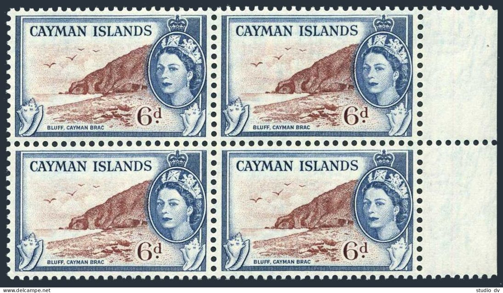Cayman 143 Block/4, MNH. Michel 144. QE II, 1953. Bluff, Cayman Brac, Conch. - Kaimaninseln