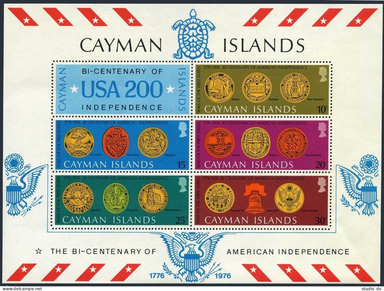 Cayman 376a Sheet, MNH. Michel Bl.10. USA-200, 1976. Seals, Liberty Bell, Turtle - Kaimaninseln