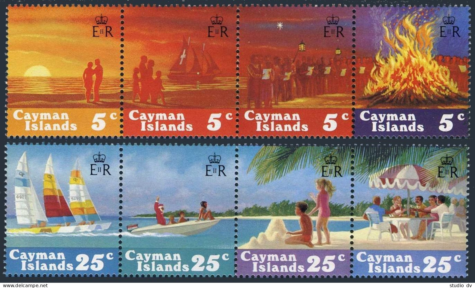 Cayman 532-533 Ad Strips, Lightly Hinged. Christmas 1984, Yachts, Bonfire. - Iles Caïmans