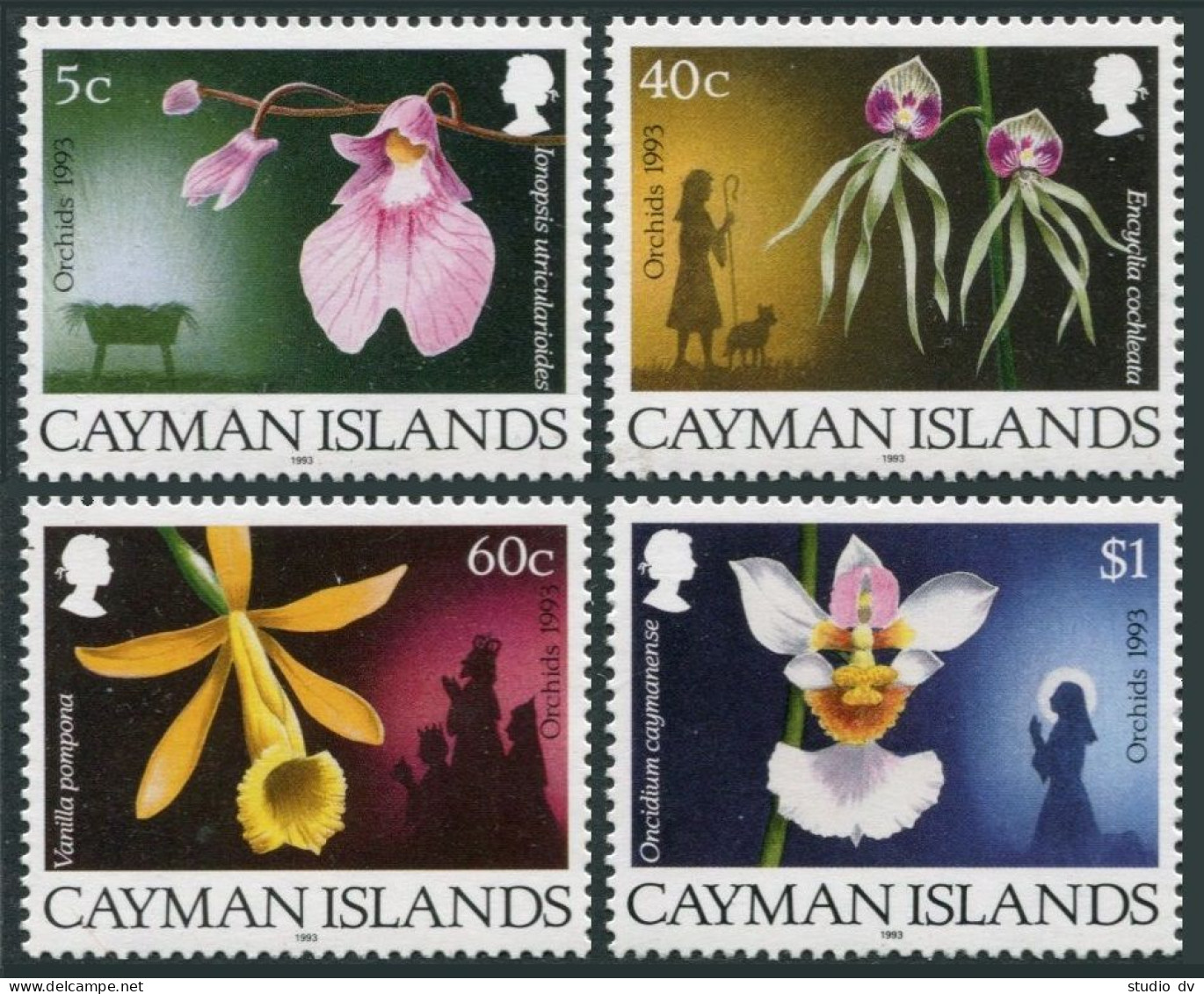 Cayman 672-675,MNH.Michel 694-697. Christmas Scenes,1993.Orchids.Dog. - Cayman Islands