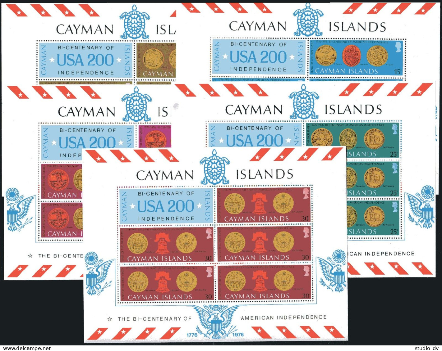 Cayman 372-376, 376a Sheets, MNH. USA-200, 1976. Seals, Liberty Bell, Turtle. - Cayman (Isole)