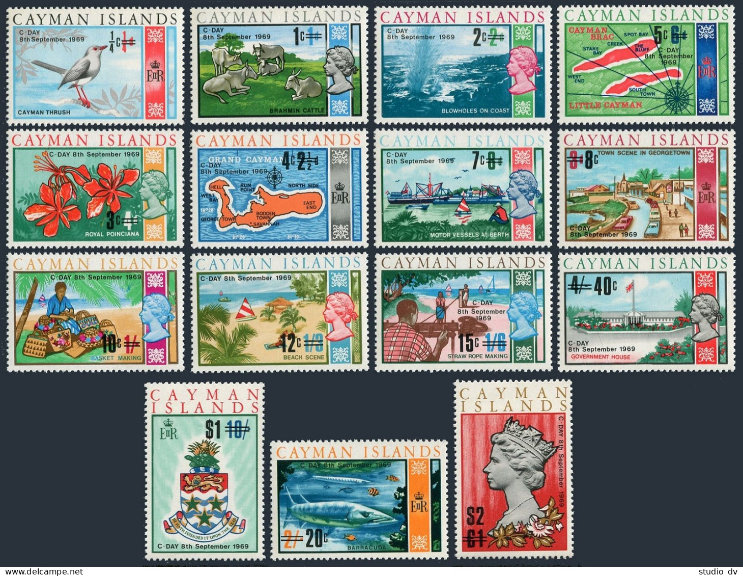 Cayman 227-241, MNH. Mi 226-240. C-day 8th September 1969. Thrush, Cattle, Fish, - Caimán (Islas)