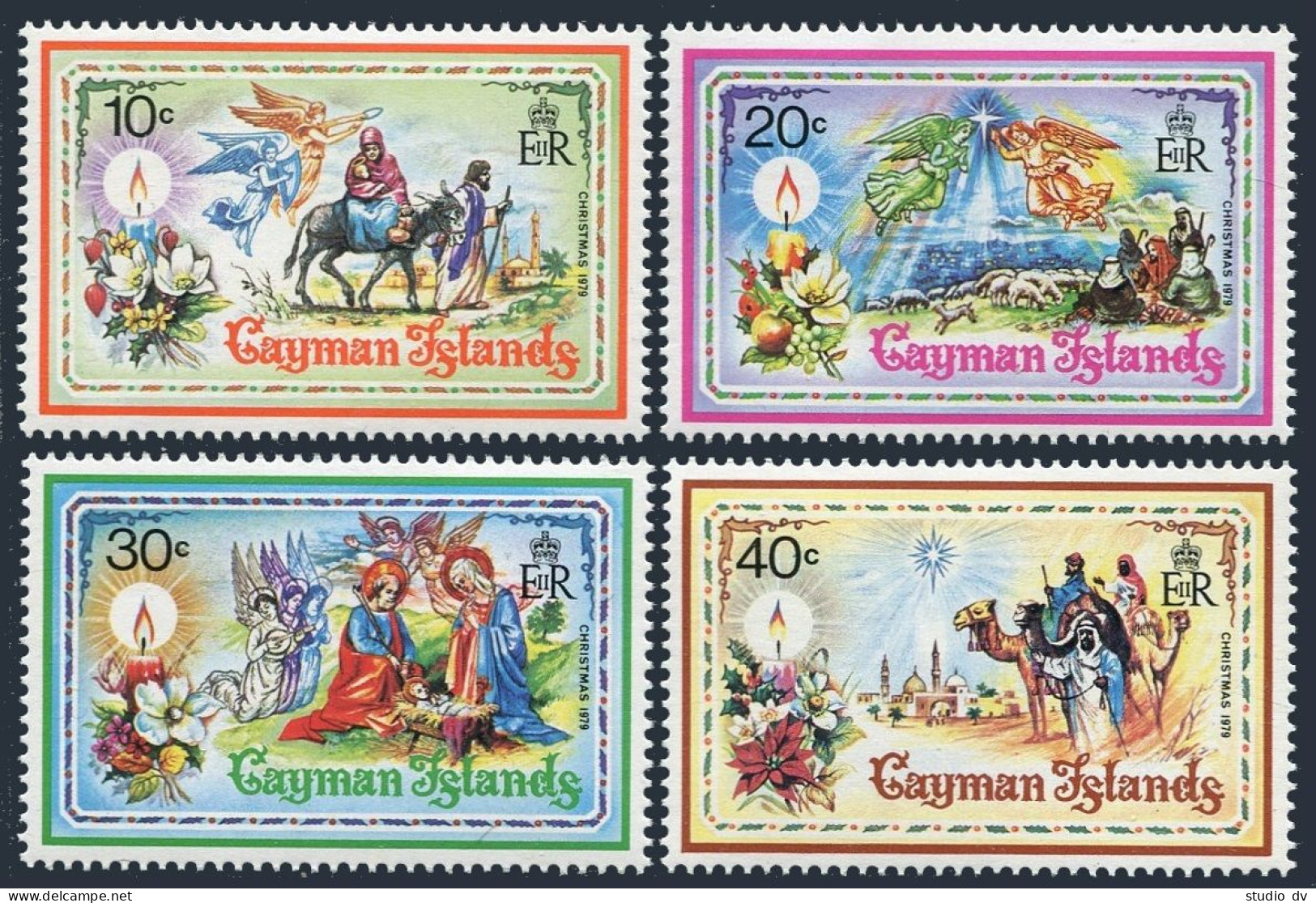 Cayman 430-433, MNH. Mi 434-447. Christmas 1979. Donkey, Camel, Flowers, Angels. - Iles Caïmans