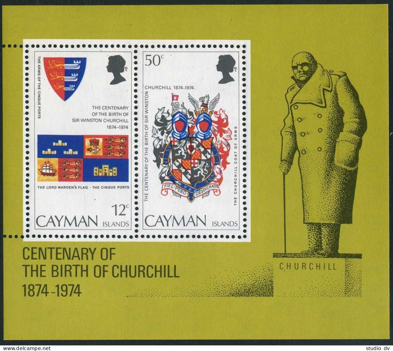 Cayman 352-353,353a, MNH. Michel 347-348, Bl.6. Sir Winston Churchill-100, 1974. - Kaaiman Eilanden