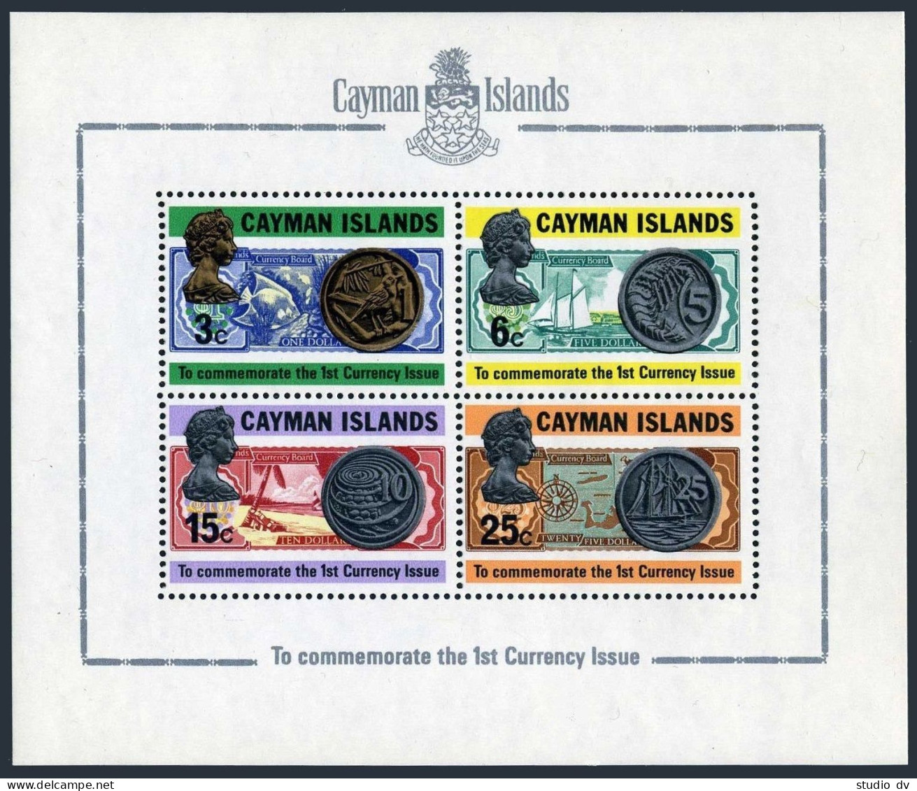 Cayman 306-309,309a, MNH. Mi 305-308,Bl.3. First Coinage, Bank Notes,1973. Ship. - Kaimaninseln