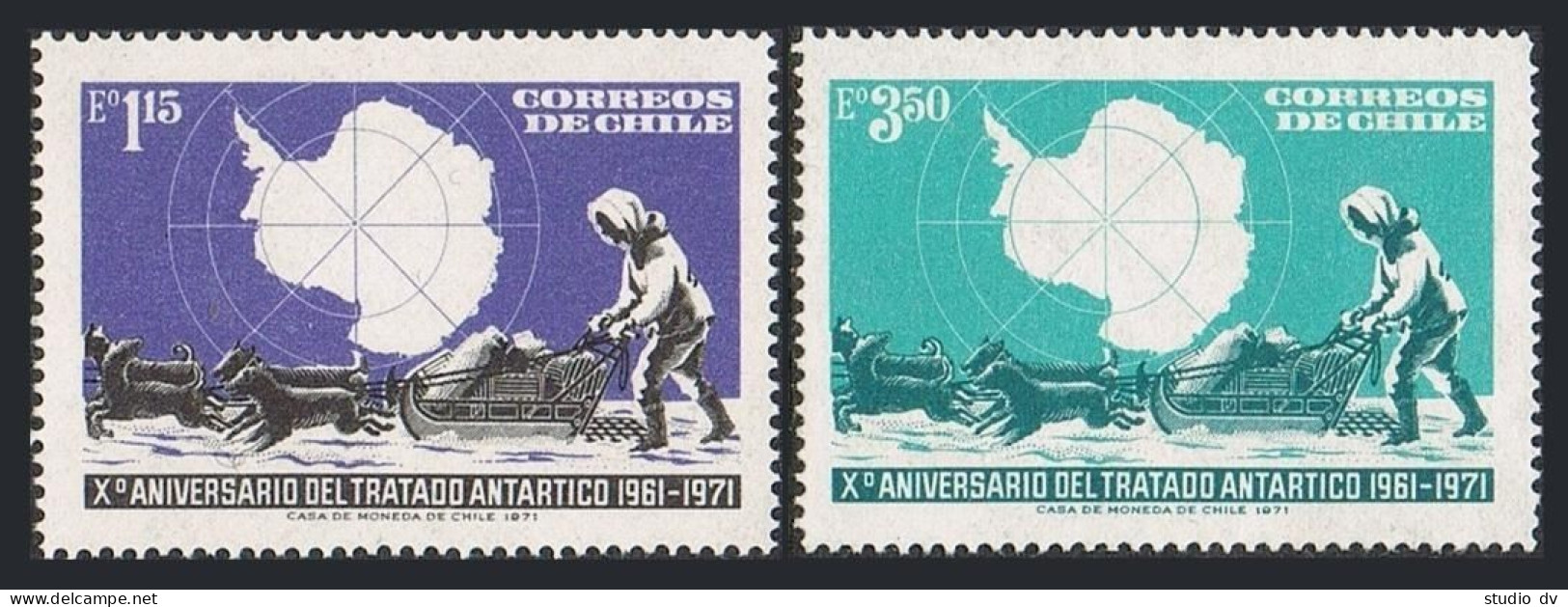Chile 415-416, Hinged. Mi 769-770. Antarctic Treaty,109th Ann.1972.Map,Dog Sled. - Cile