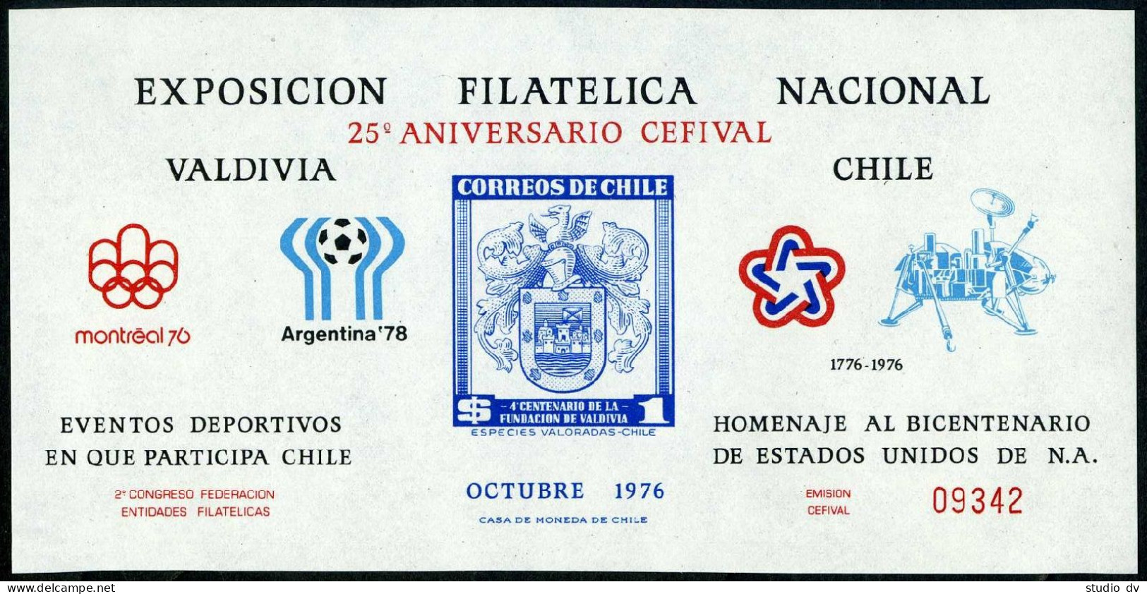 Chile 267a Var, Hinged. Mi 466 Note. VALDIVIA-1976.US-200,Olympics,Soccer,Space. - Chili