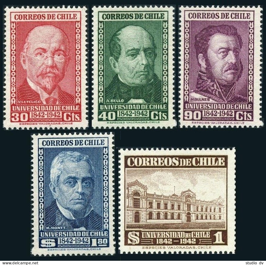 Chile 228-232, Hinged. Mi 319-323. University Of Chile-100, 1943. Founders - Cile