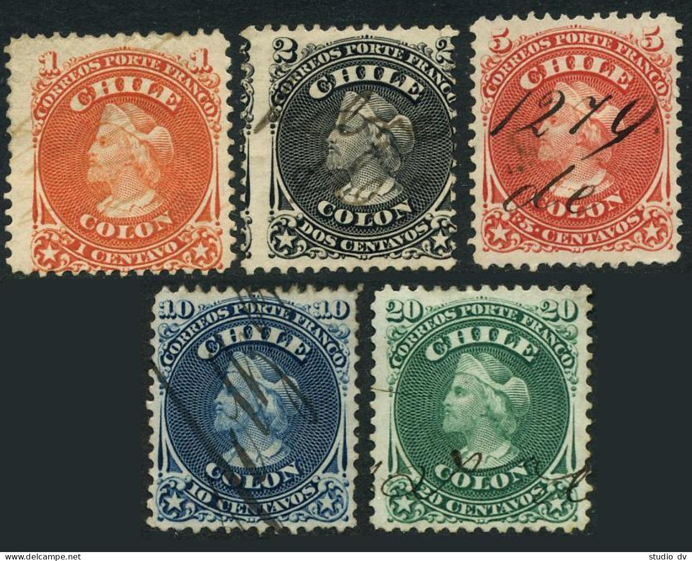 Chile 15-19, Used Pen Cancelation. Michel 8-12. Columbus, 1867. - Cile