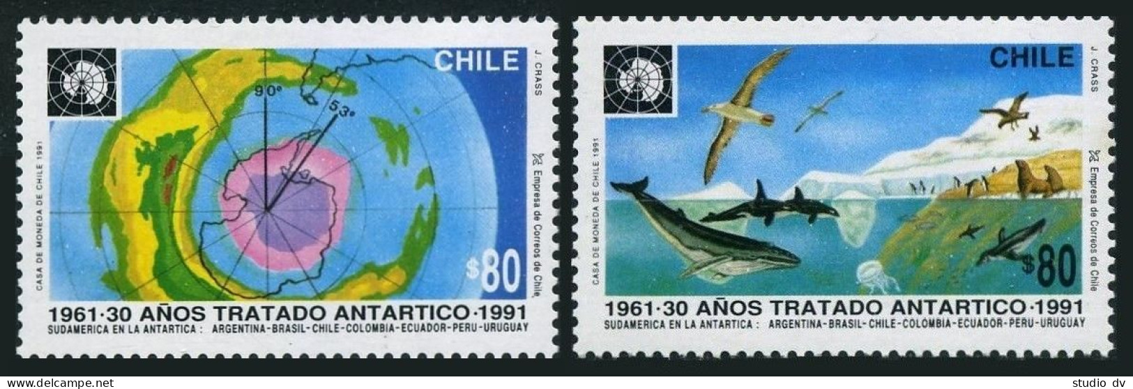 Chile 974-975, MNH. Mi 1466-1467. Antarctic Treaty-30, 1991. Map, Birds, Whale. - Chili