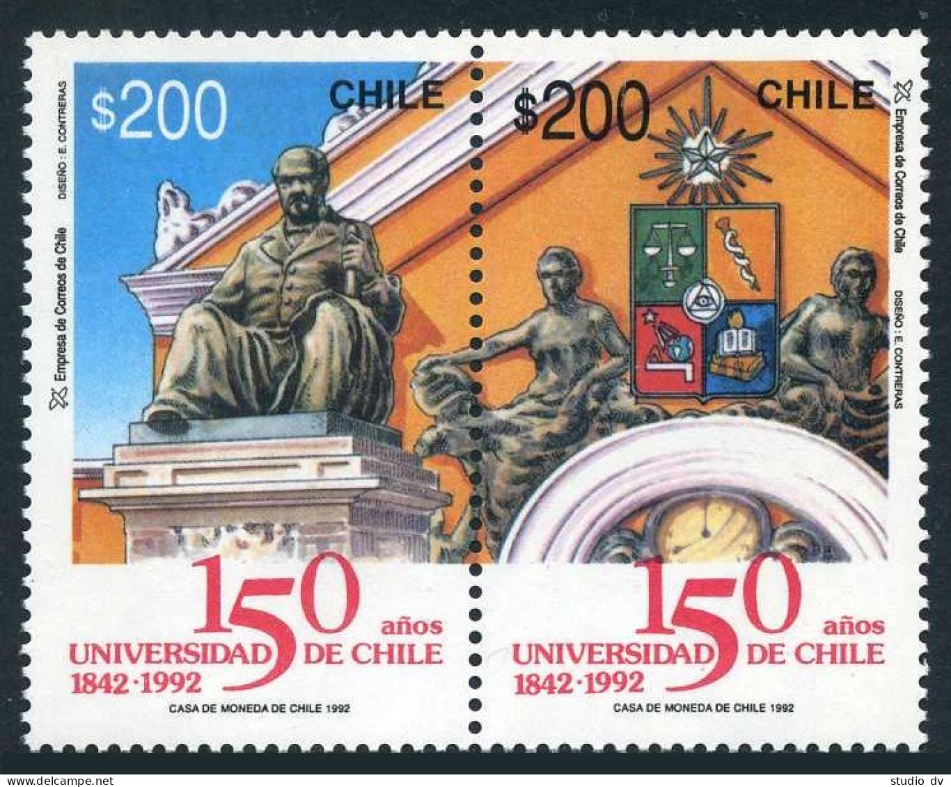 Chile 1034 Ab Pair,MNH. Mi 1534-1535. University Of Chile,150th Ann.1992.Statue, - Cile