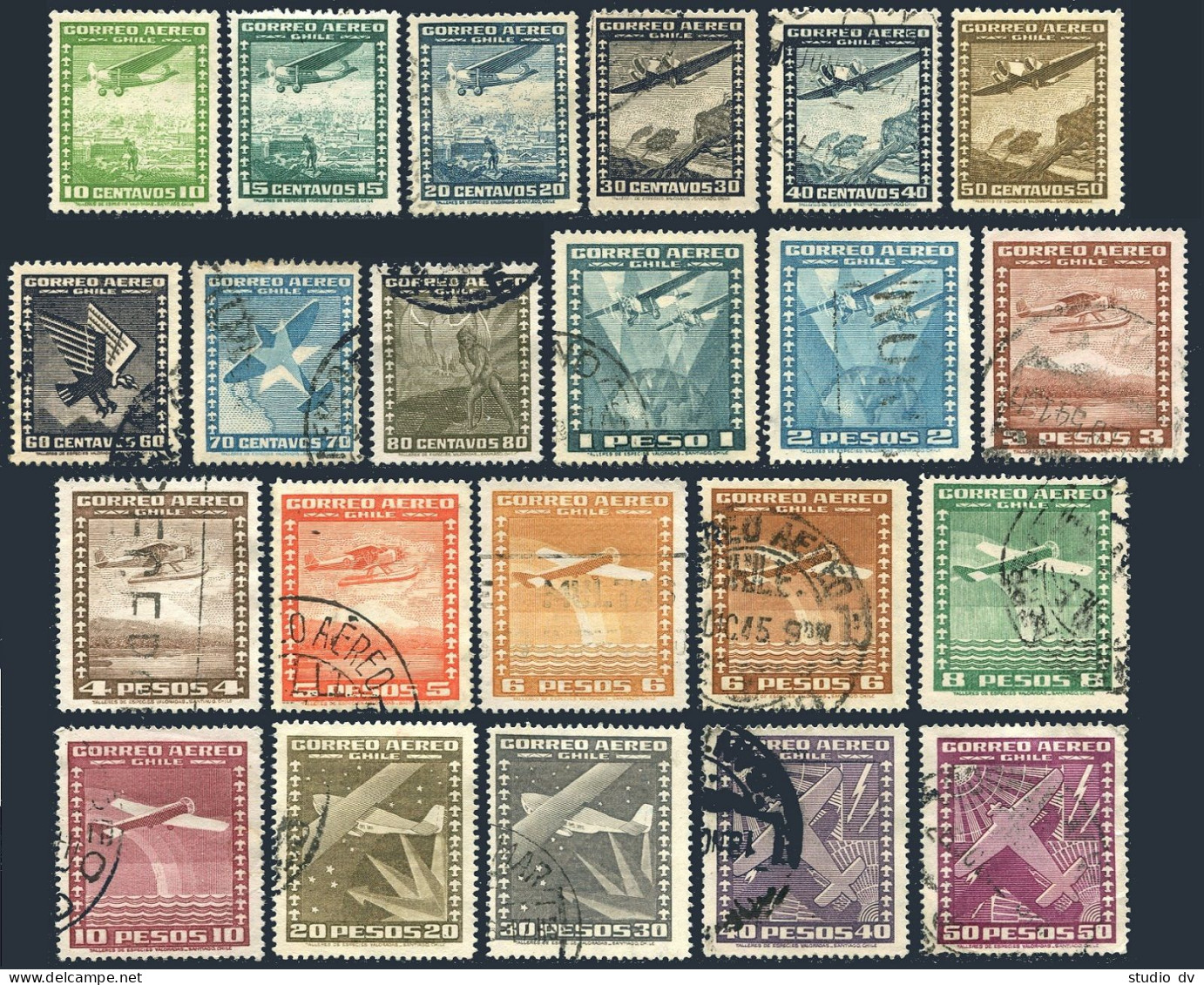 Chile C30-C50,C44a,used.Michel 199-219,213b. Air Post 1934-1939. Planes, Condor, - Chili