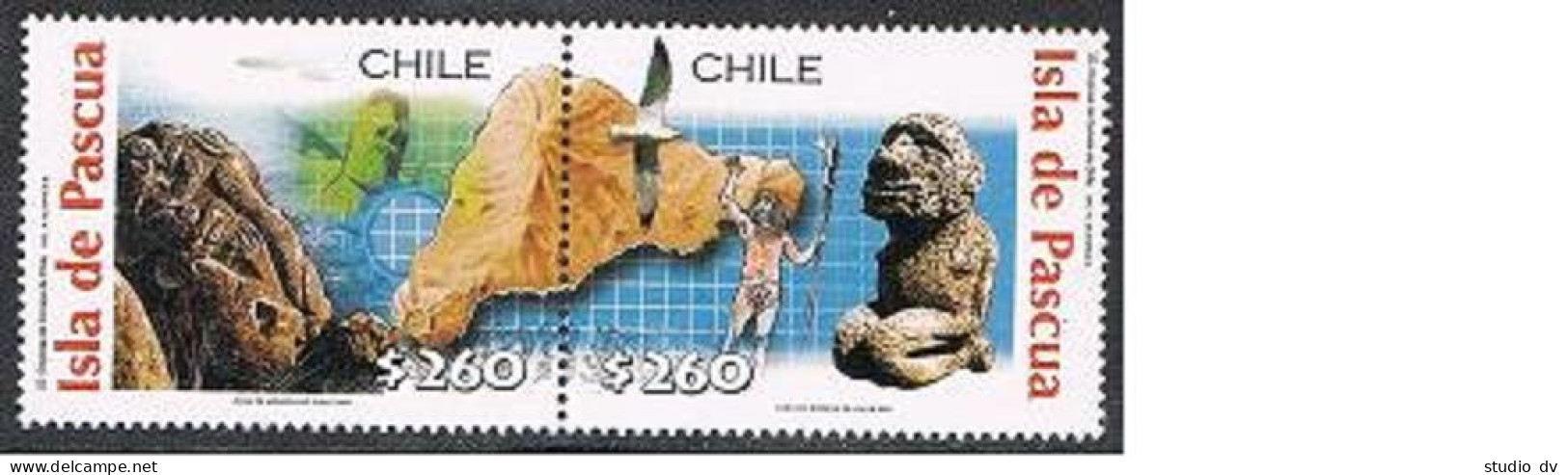 Chile 1361 Pair-label, MNH. Easter Island 2001. Bird, Artifact, Map.  - Chile