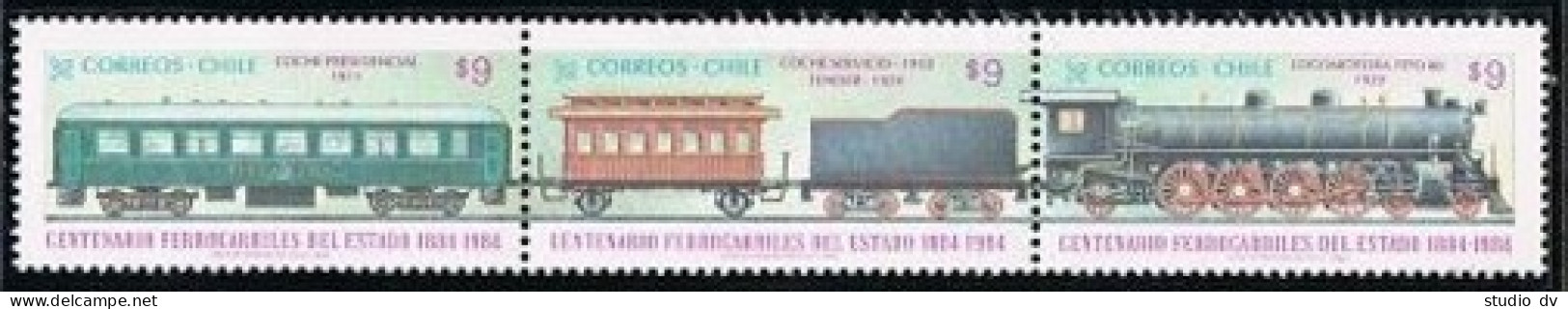 Chile 666 Ac Strip, MNH. Michel 1033-1035. State Railways Centenary, 1984. - Chile