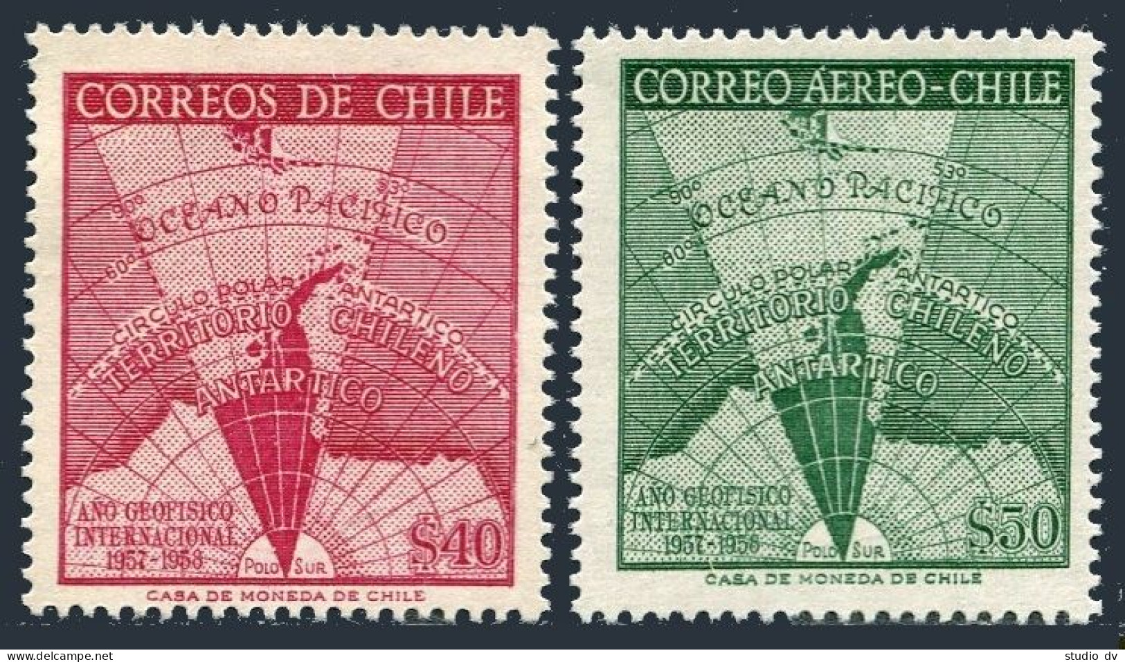 Chile 305, C214, MNH. Michel 545-546. IGY 1957-1958. Map Of Antarctica. - Chile