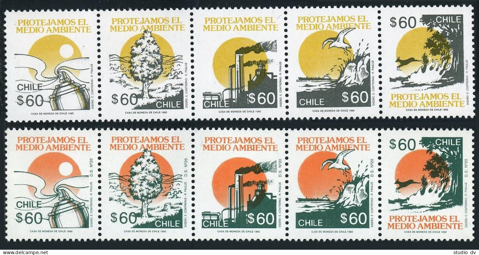 Chile 988-997a Two Strips, MNH. Michel 1480-1489. Environmental Protection,1992. - Cile