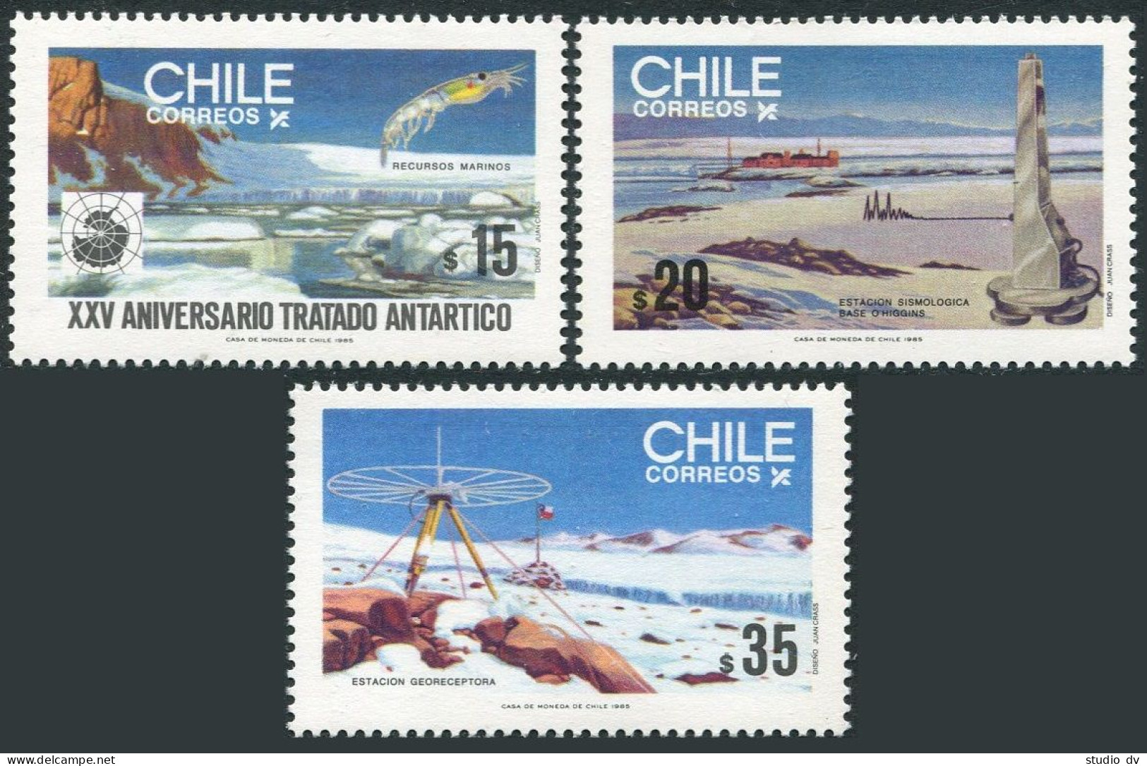 Chile 690-692, MNH. Antarctic Treaty-25, 1985. Resources, Research, Krill. - Cile