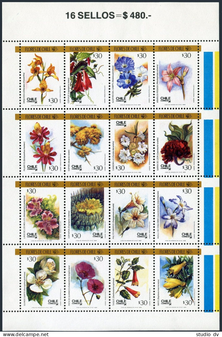 Chile 795 Ap Sheet, MNH. Michel 1237-1252. Flowers 1988. - Chile