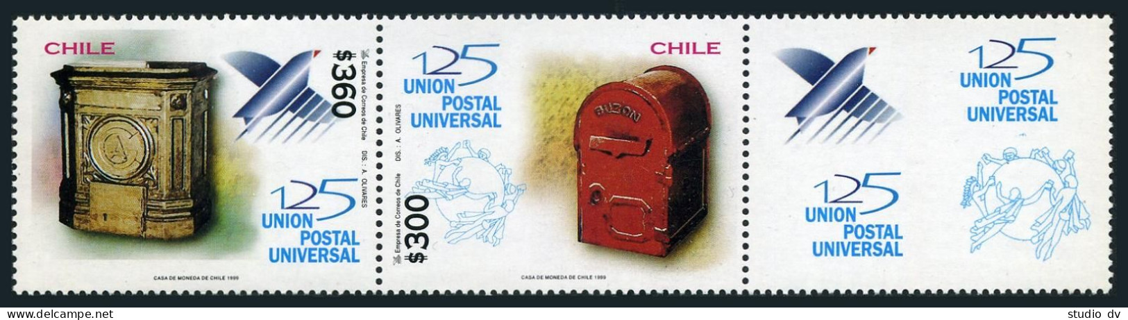 Chile 1302-1303a Pair/label, MNH. Michel 1913-1914 Zf. UPU-125, 1999. Mailbox. - Chile