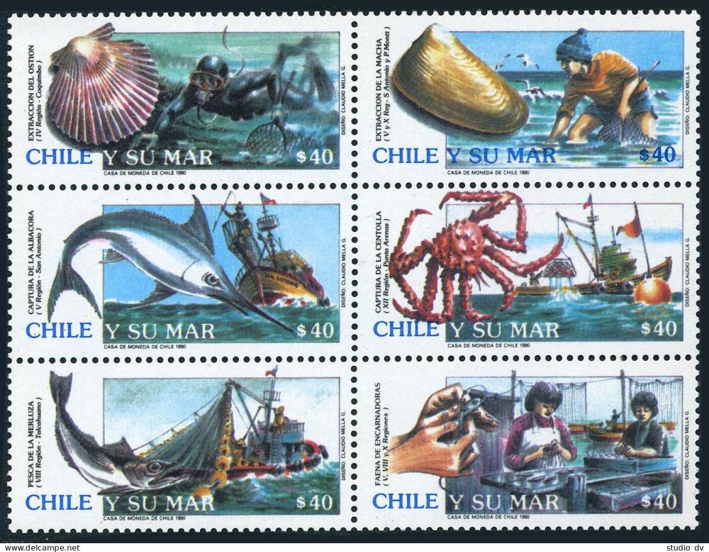 Chile 895 Af Block, MNH. Mi 1364-1369. Marine Resources 1990. Shells, Fish,Crab. - Chili