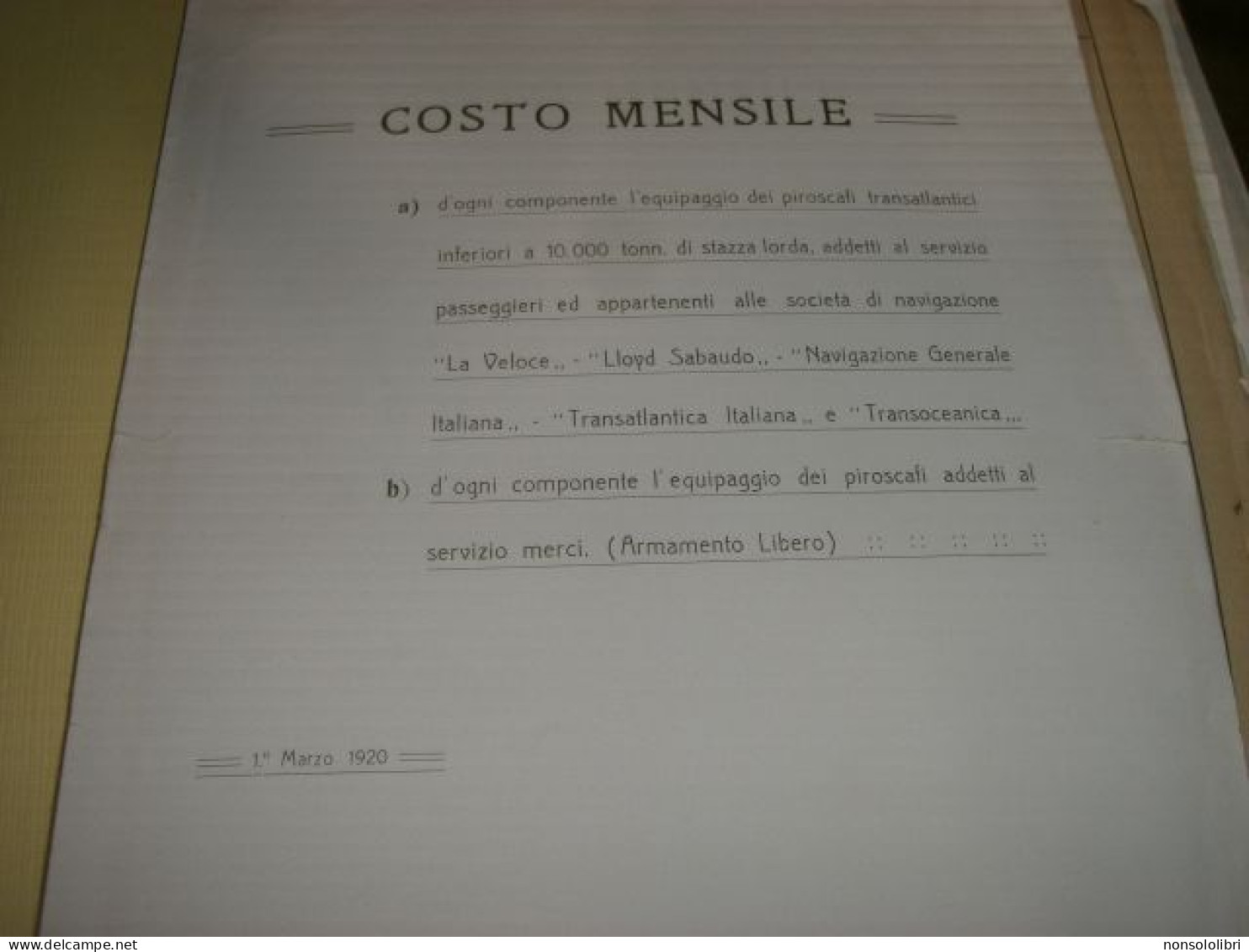 TABELLA COSTO MENSILE COMPONENTE EQUIPAGGIO PIROSCAFI TRANSATLANTICI 1920 - Historische Dokumente