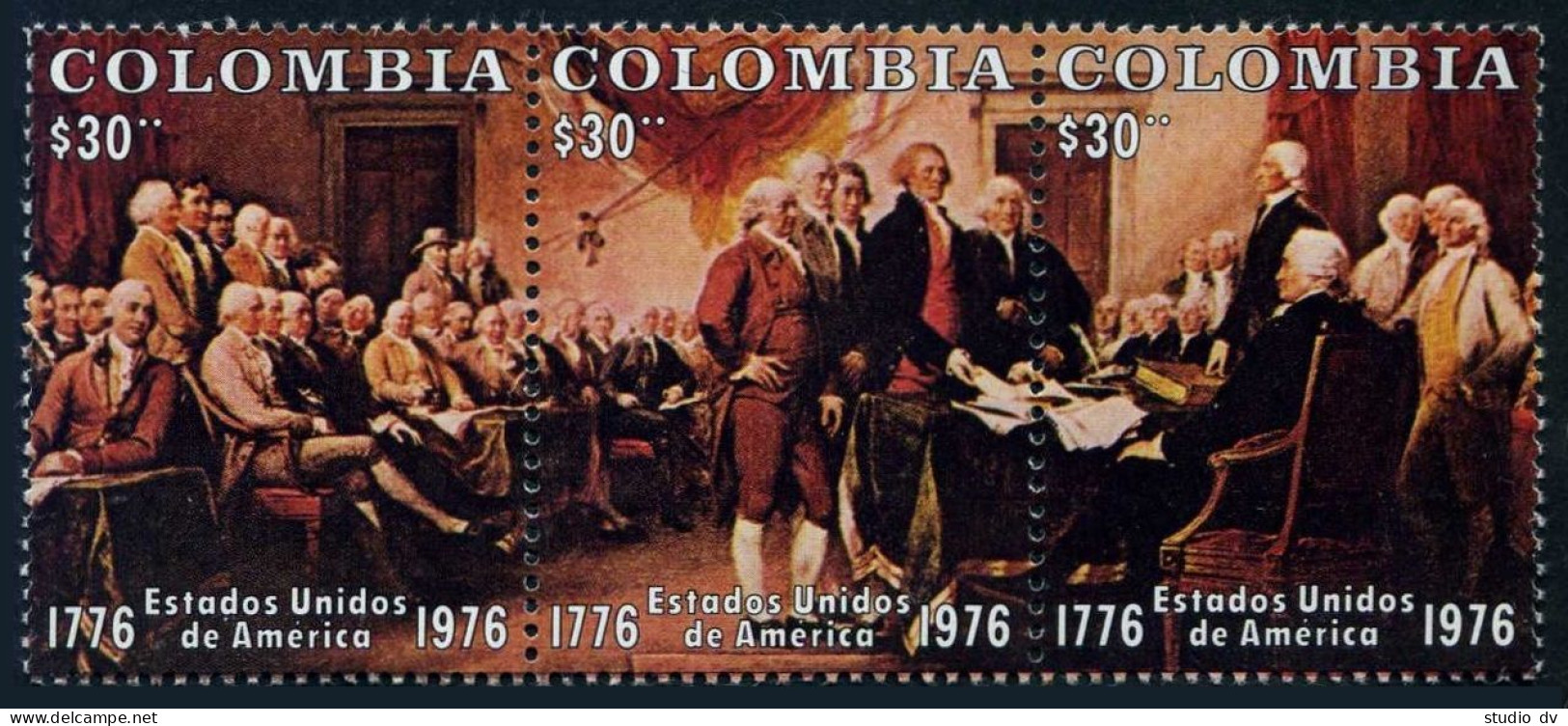 Colombia 846 Ac Strip, Hinged. Mi 1317-1319. USA-200.Declaration Of Independence - Colombie