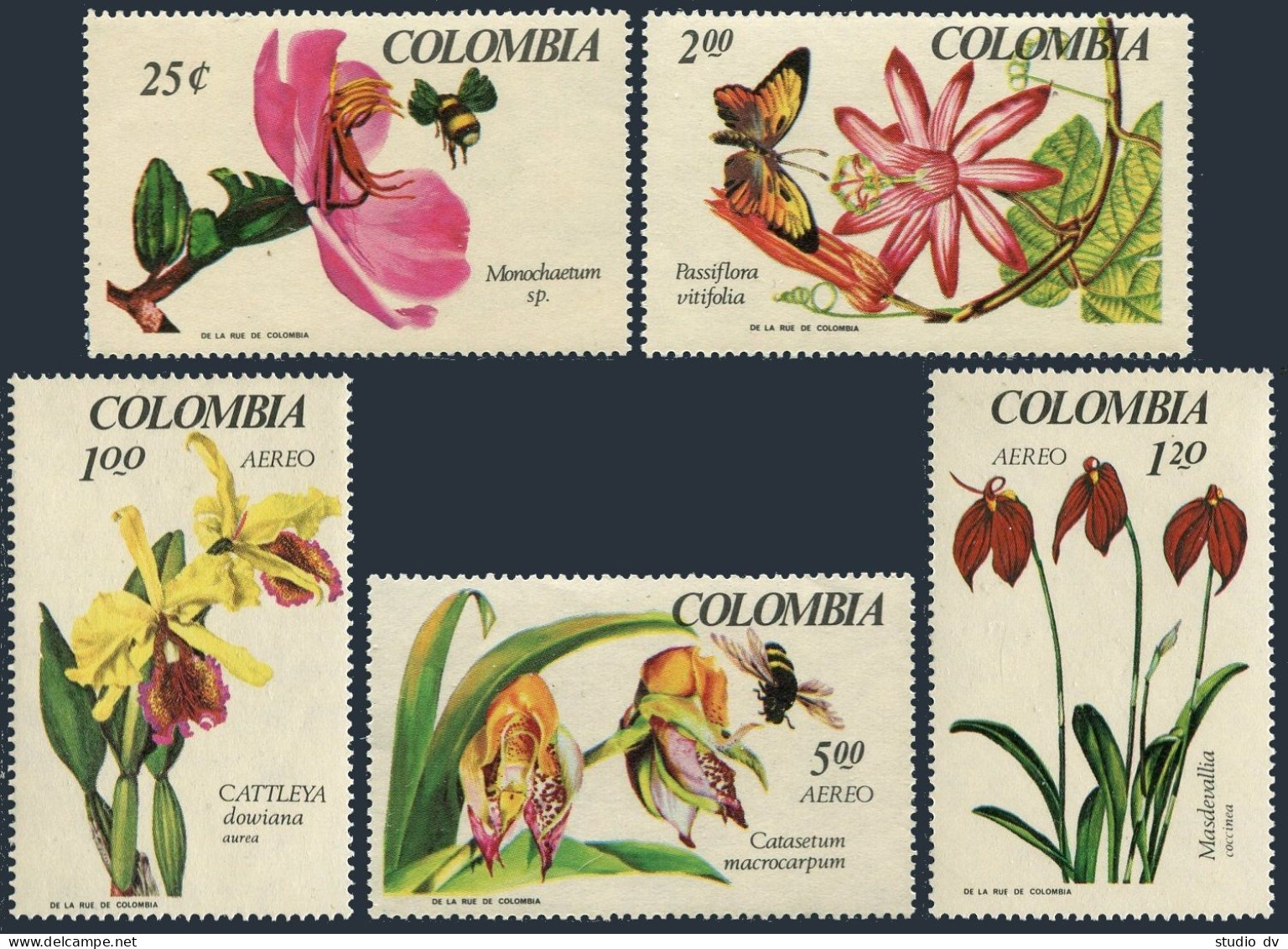 Colombia 768-769,C489-C491,hinged. Michel 1098-1102. Orchid Exhibition,1967.Bee. - Colombie