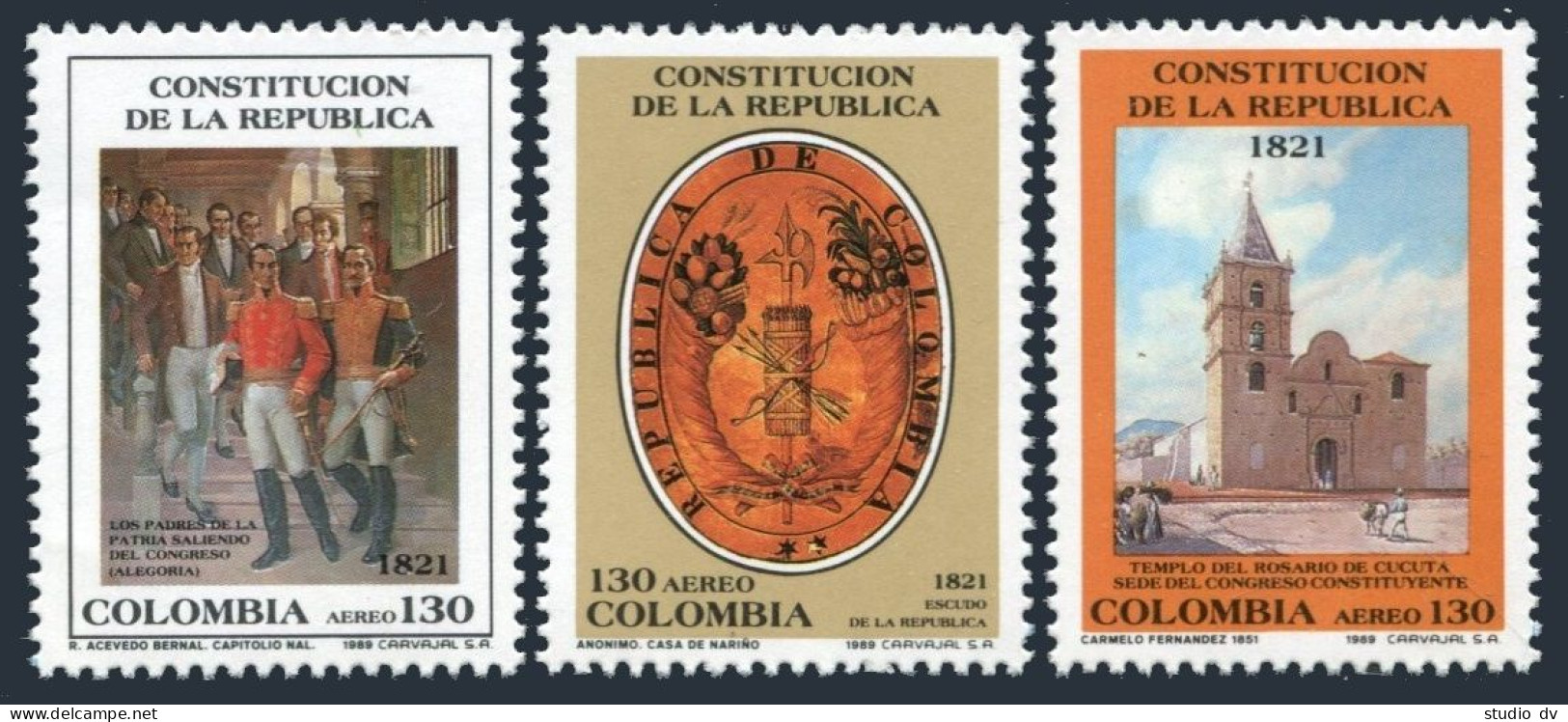 Colombia C815-C817,MNH.Mi 1780-1782. Constitution Of Republic.1989.Arms,Temple. - Colombia