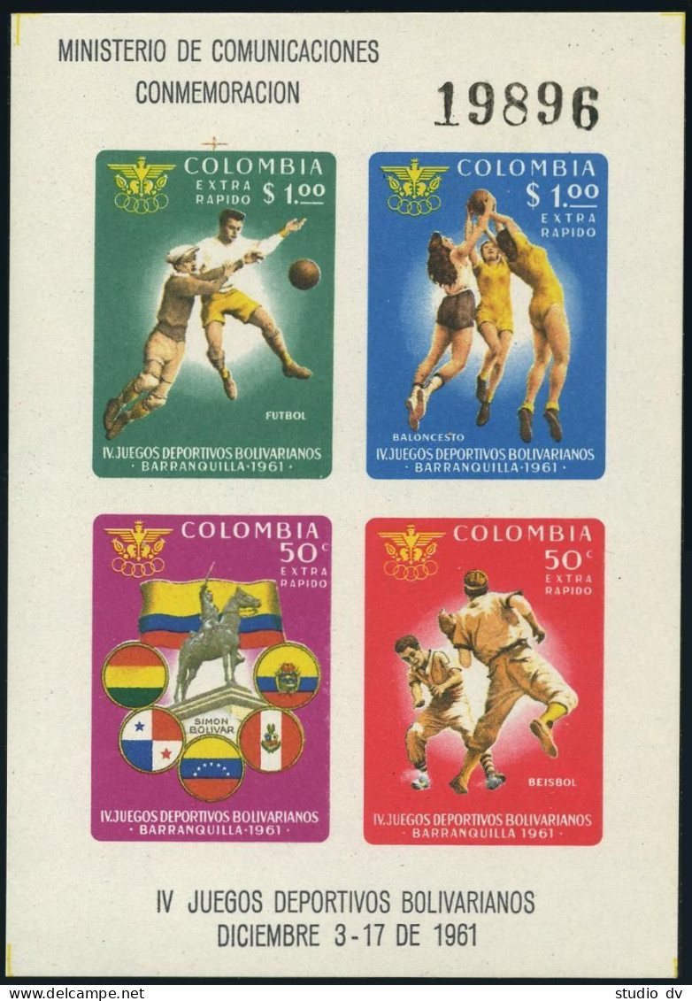 Colombia C419, Hinged. Mi Bl.25. Sports 1961.Soccer,Basketball,Baseball,Bolivar. - Colombie