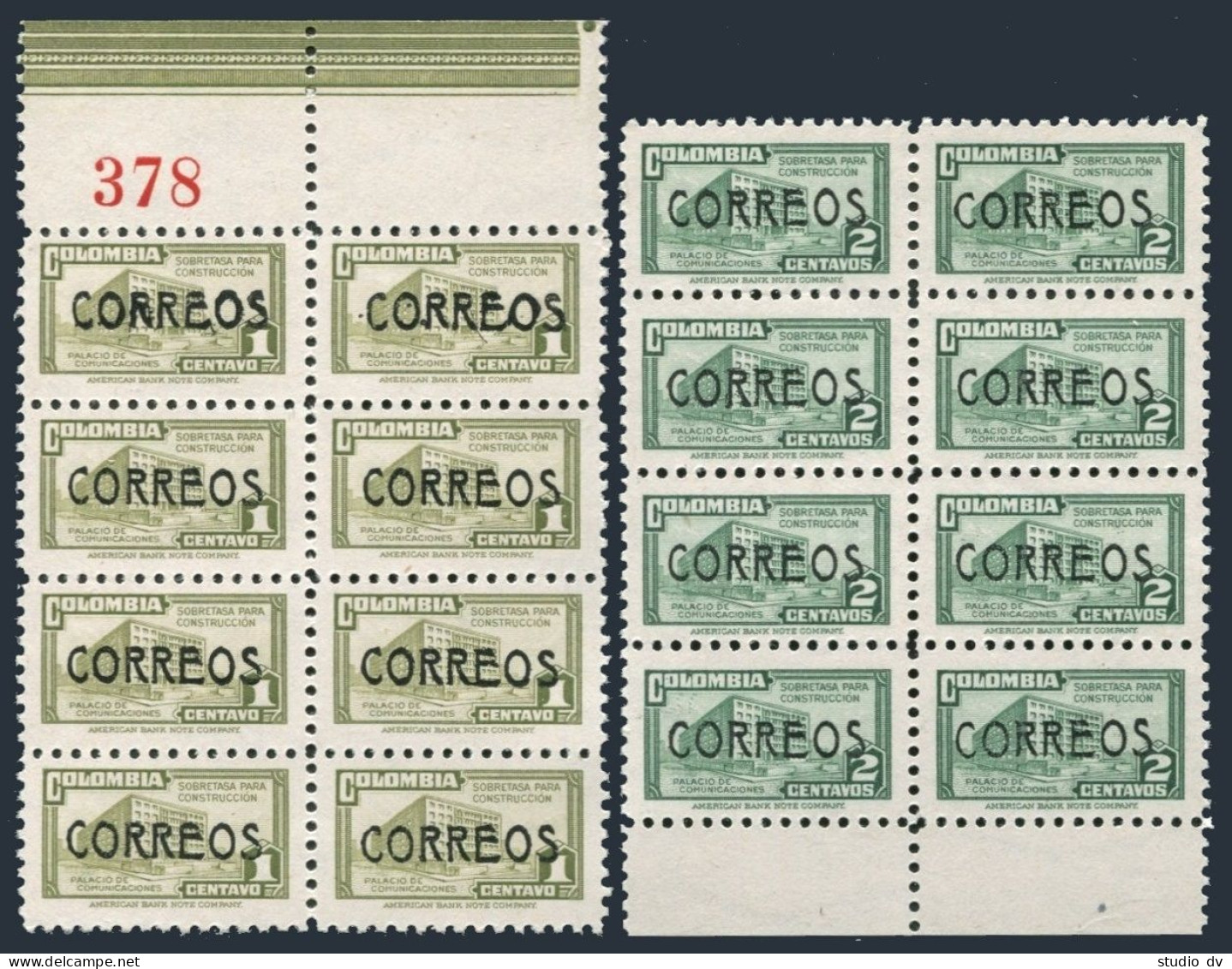 Colombia 562-563 Blocks/8,MNH.Mi 520-521. Postal Tax Stamps Overprinted,1948. - Colombia