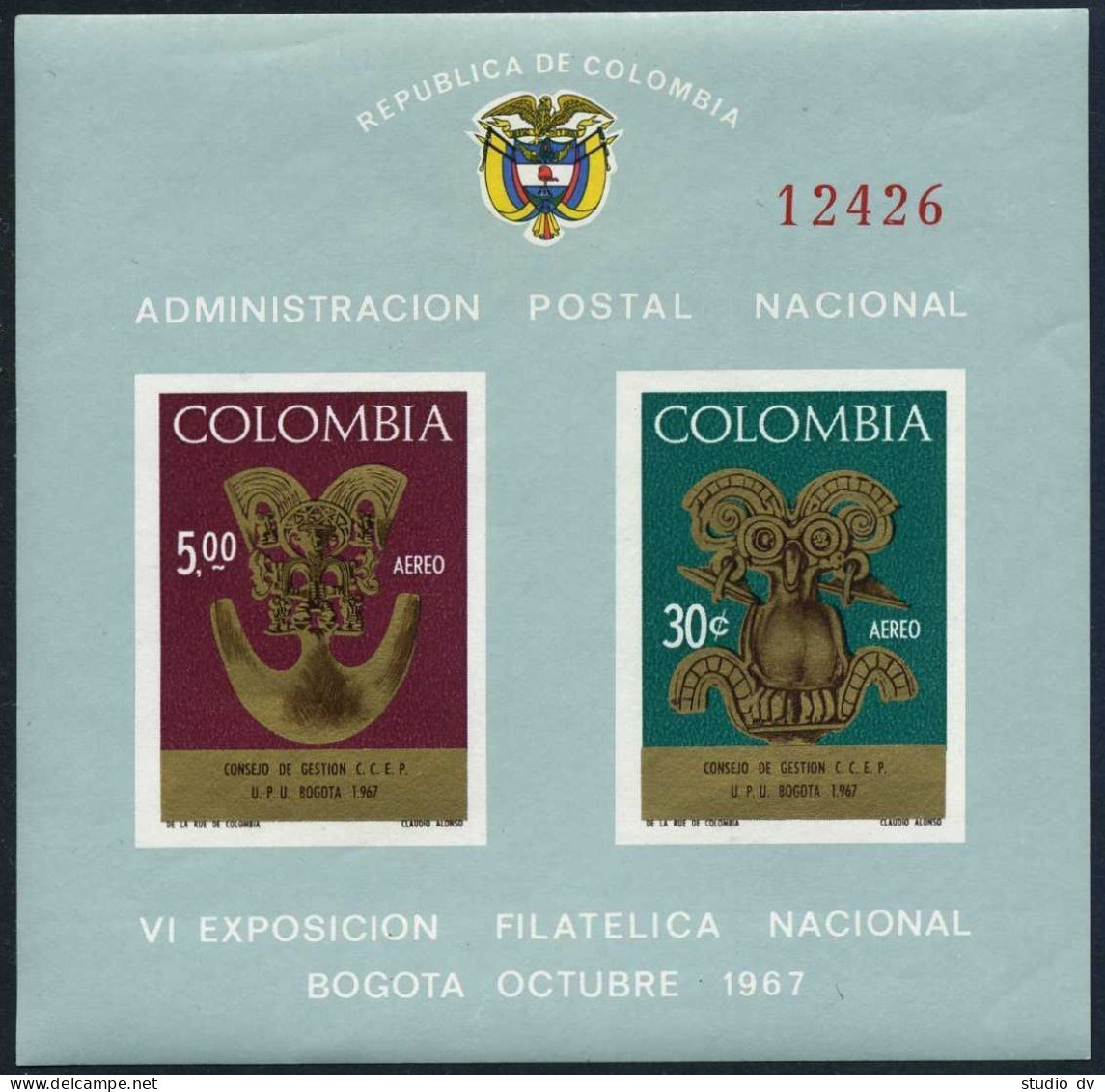 Colombia 772-C497, C496a, MNH. Mi 1111-1115, Bl.28. UPU 1967. Pre-Columbian Art. - Colombia
