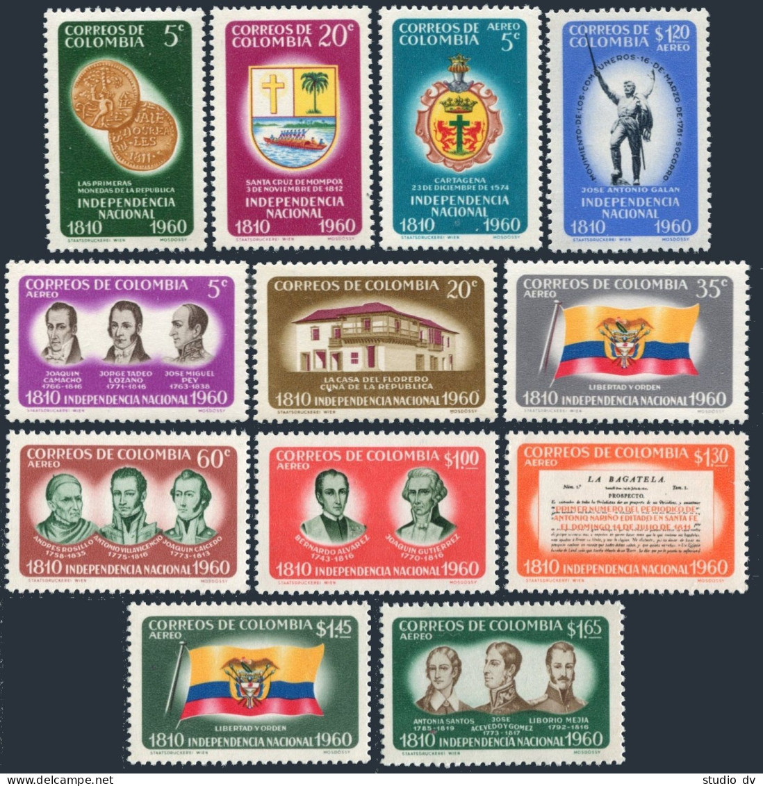 Colombia 719-C385,MNH.Mi 931-942. Independence-150,1960.Leaders,Arms,Flag,coins, - Colombie