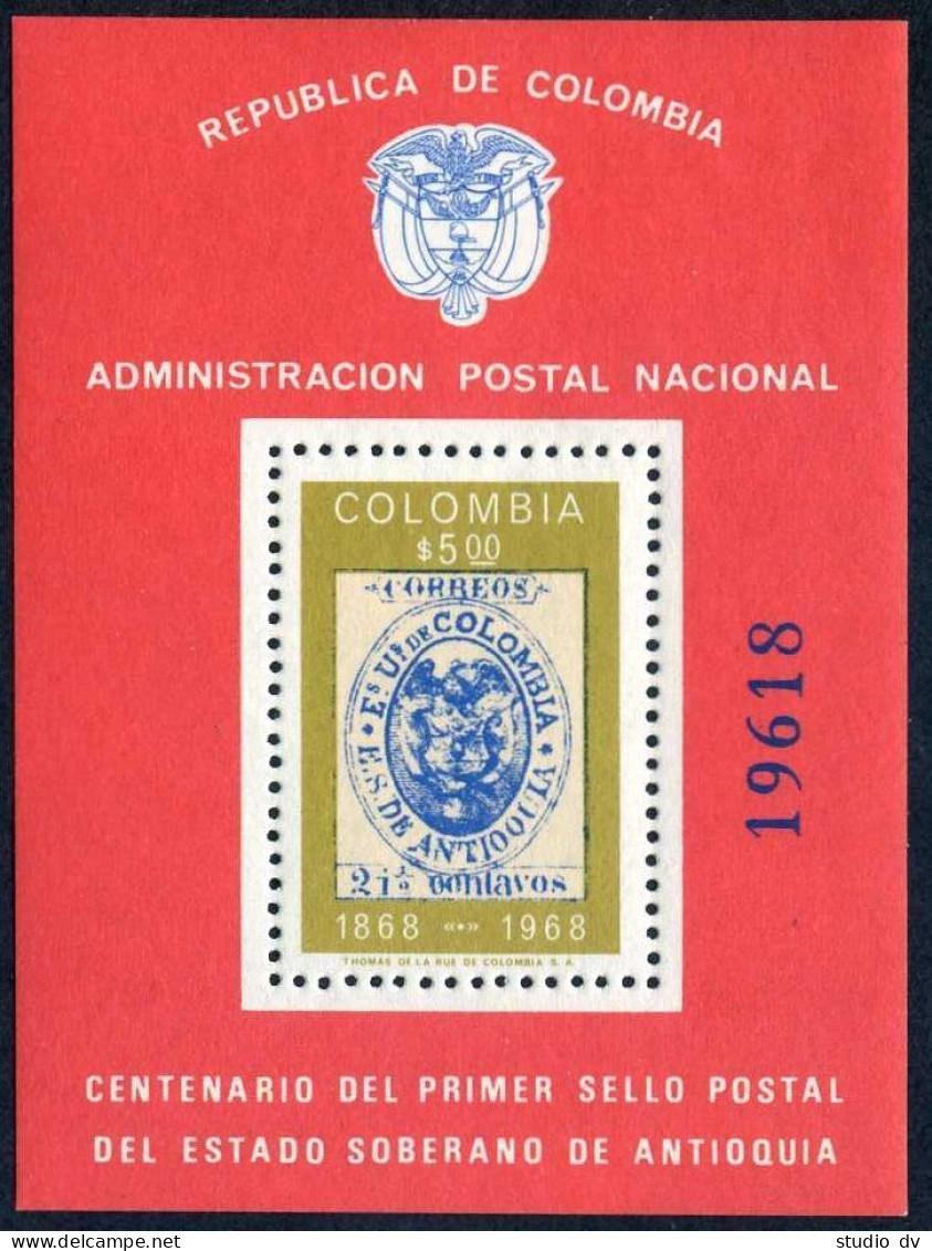 Colombia 785,lightly Hinged.Michel Bl.30. 1st Postage Stamps Of Antioquia-100. - Colombie