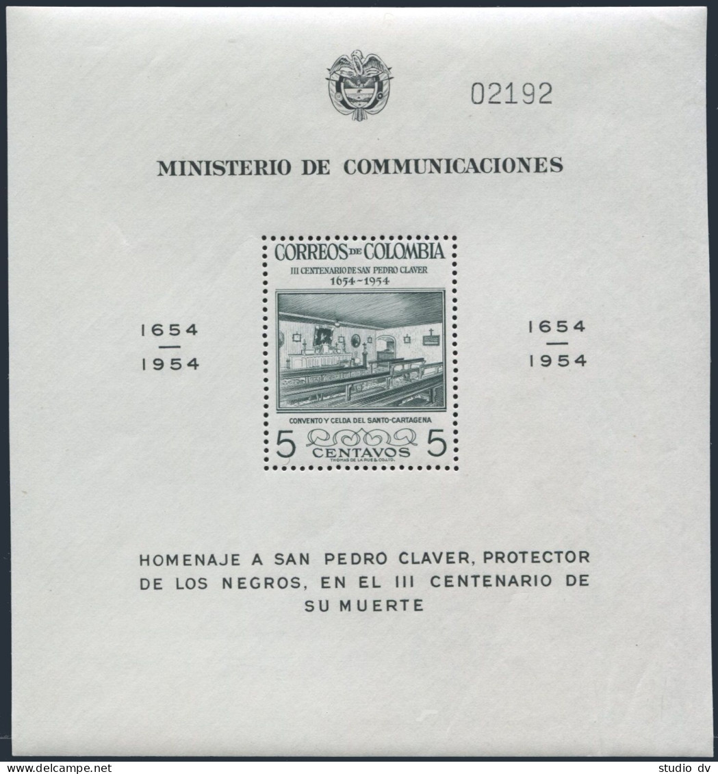 Colombia 627a, MNH. Michel 697 Bl.6. St.Peter Claver, 1954. Convent,Cell.Church. - Kolumbien